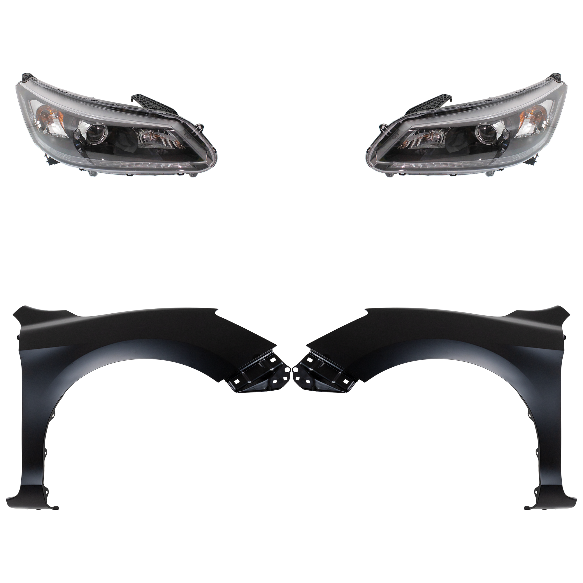AM ACCORD 13-15 HEAD LAMP RH AND LH Assembly Halogen 4 pc Kit with Fenders SKU KIT 030323-19703 Partslink HO1240185C HO1241185C HO2502151C HO2503151C OEM 33100T2AA01-33150T2AA01-60211T