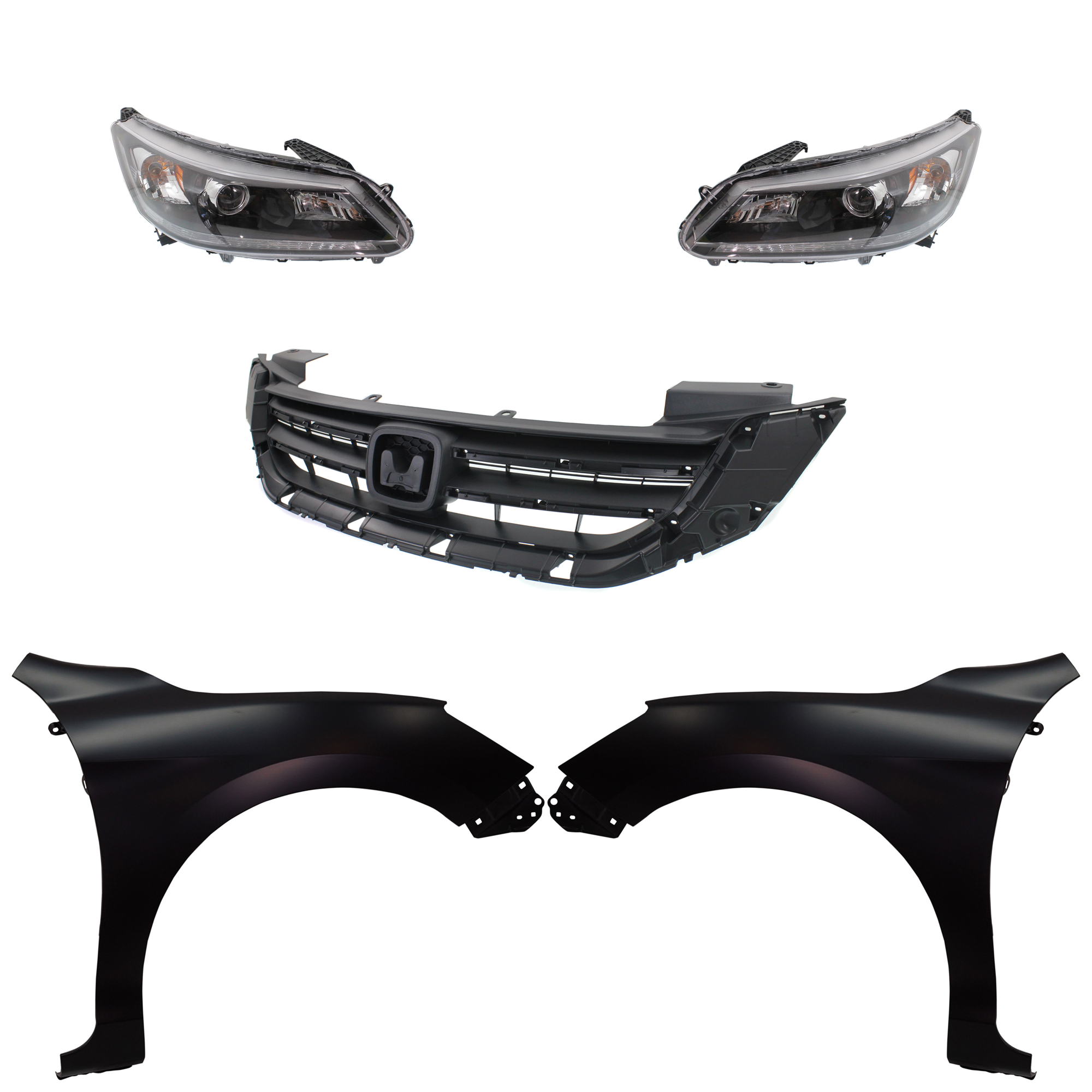 AM ACCORD 13-15 HEAD LAMP RH AND LH Assembly Halogen 5 pc Kit with Fenders and Grille Assembly SKU KIT 030323-199 Partslink HO1200214C HO1240185C HO1241185C HO2502151C HO2503151C OEM 33100T2AA01-33150T2AA01-60211T