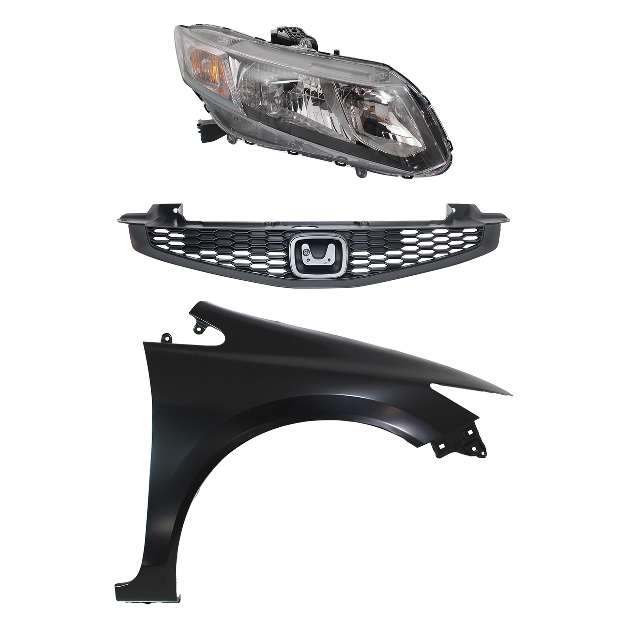 AM CIVIC 13-13 HEAD LAMP RH Assembly Halogen 3 pc Kit with Fender and Grille SKU KIT 030323-20201 Partslink HO2503150 HO1241181 HO1200209 OEM 33100TR0A51-60211TR6305ZZ 7112