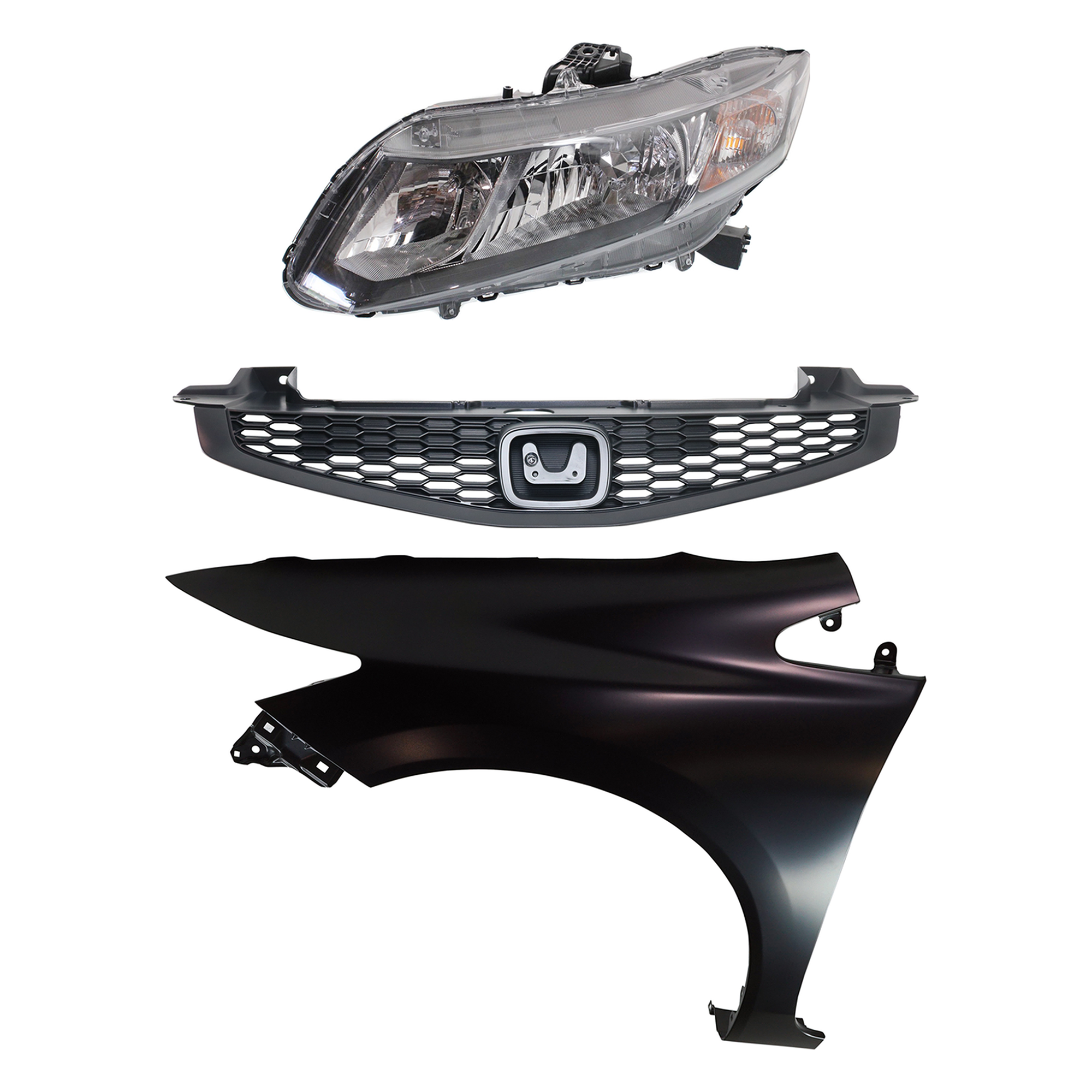 AM CIVIC 13-13 HEAD LAMP LH Assembly Halogen 3 pc Kit with Fender and Grille SKU KIT 030323-20202 Partslink HO2502150 HO1240181 HO1200209 OEM 33150TR0A51-60261TR6305ZZ 7112