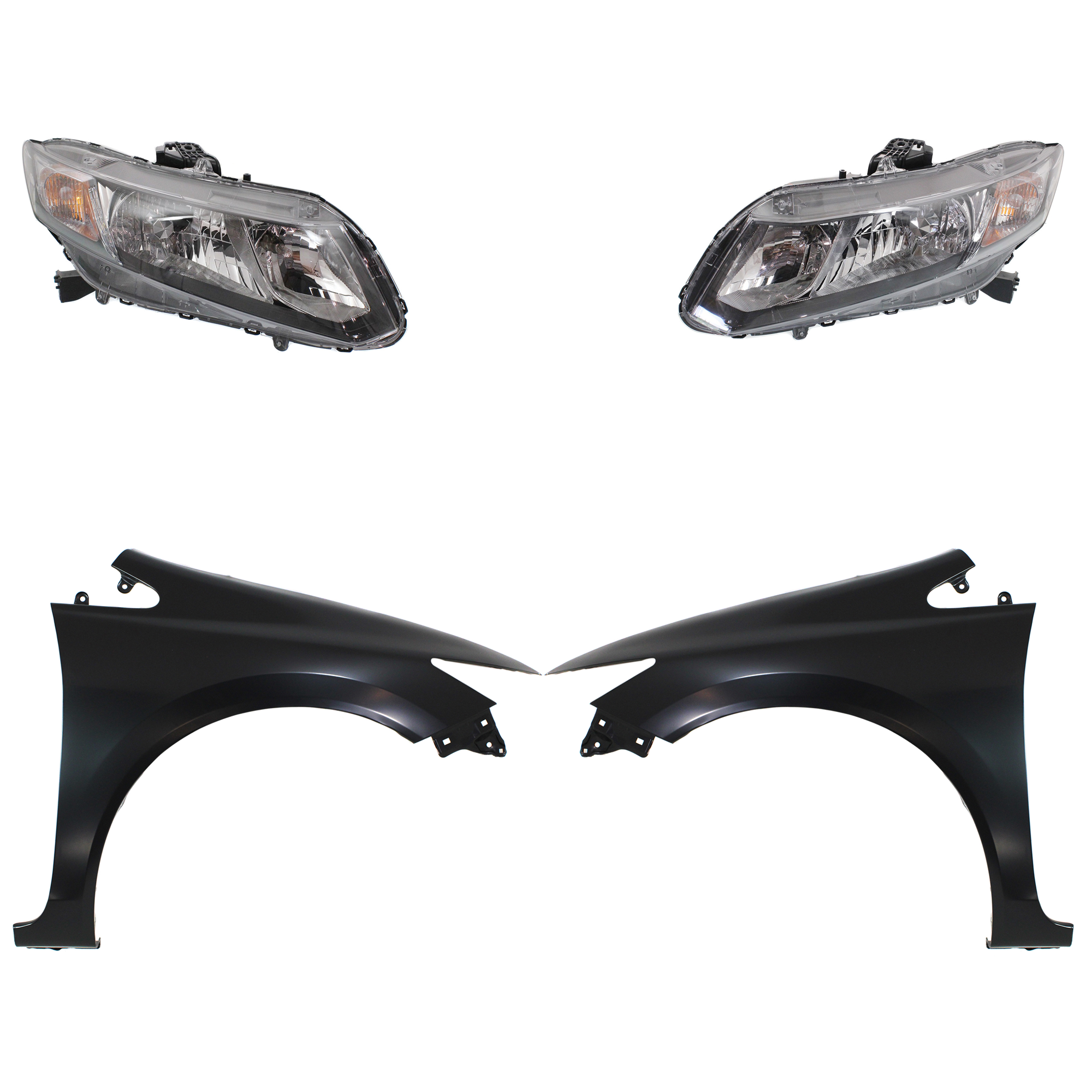 AM CIVIC 13-15 HEAD LAMP RH AND LH Assembly Halogen 4 pc Kit with Fenders SKU KIT 030323-20203 Partslink HO2503150 HO2502150 HO1240181 HO1241181 OEM 33100TR0A51-33150TR0A51-60261T
