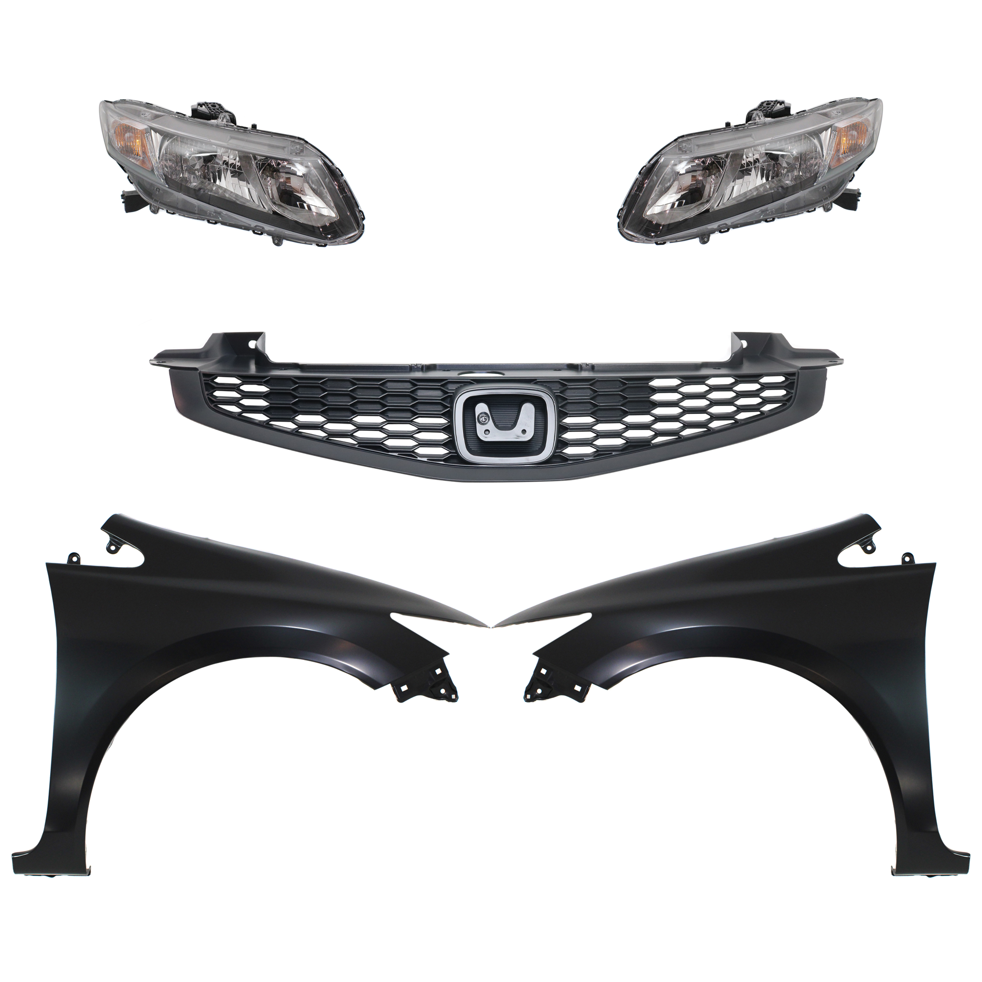 AM CIVIC 13-13 HEAD LAMP RH AND LH Assembly Halogen 5 pc Kit with Fenders and Grille SKU KIT 030323-202 Partslink HO2502150 HO2503150 HO1240181 HO1241181 HO1200209 OEM 33100TR0A51-33150TR0A51-60261T