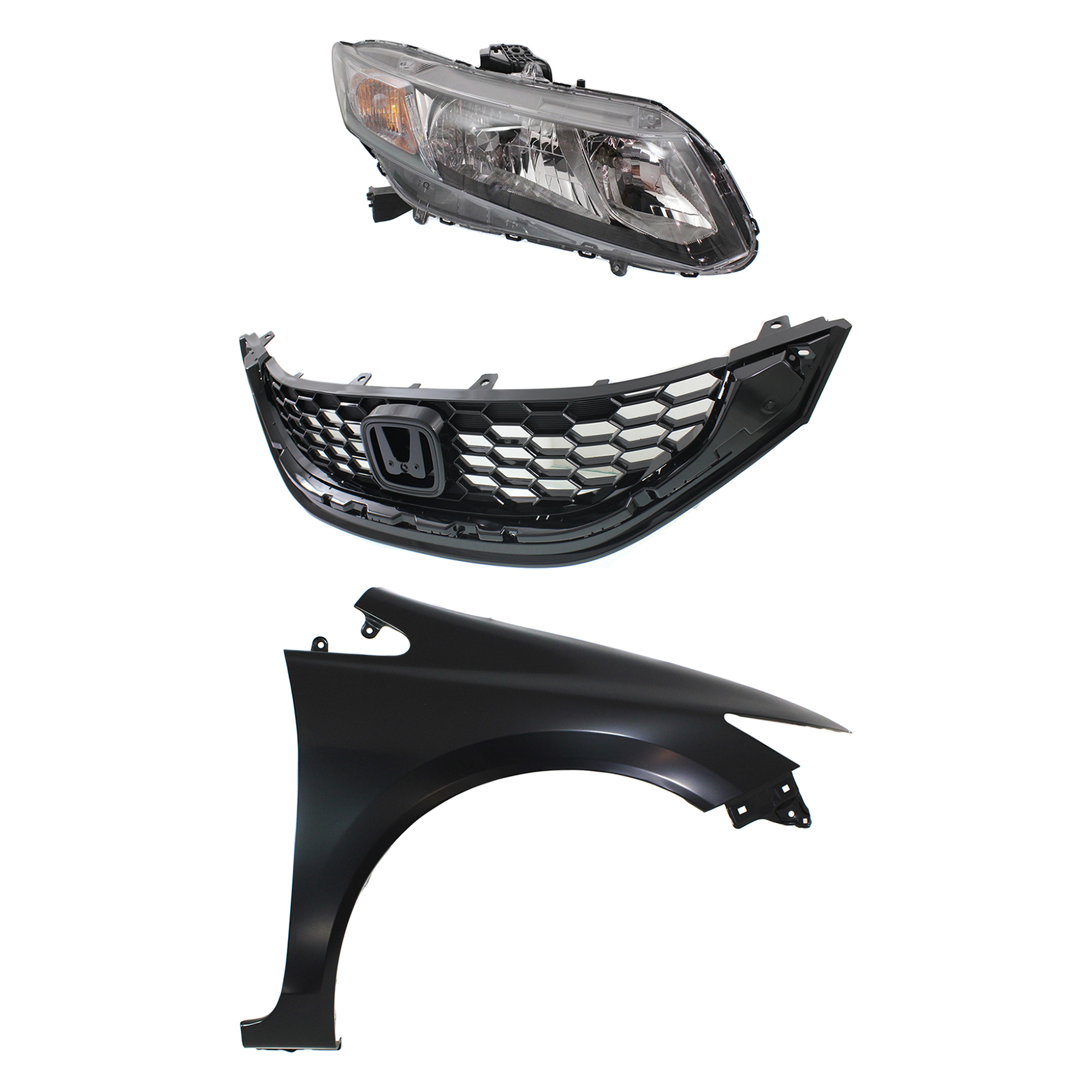 AM CIVIC 13-15 HEAD LAMP RH Assembly Halogen 3 pc Kit with Fender and Grille SKU KIT 030323-20301 Partslink HO2503150 HO1241181 HO1200218 OEM 33100TR0A51-60211TR6305ZZ 7112