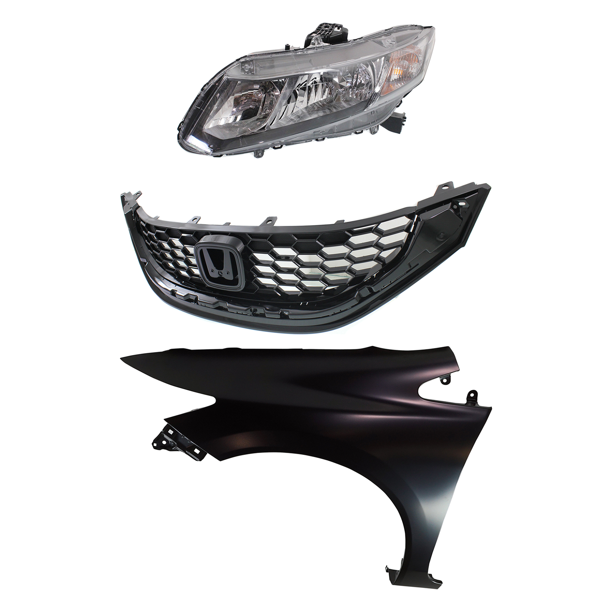 AM CIVIC 13-15 HEAD LAMP LH Assembly Halogen 3 pc Kit with Fender and Grille SKU KIT 030323-20302 Partslink HO2502150 HO1240181 HO1200218 OEM 33150TR0A51-60261TR6305ZZ 7112