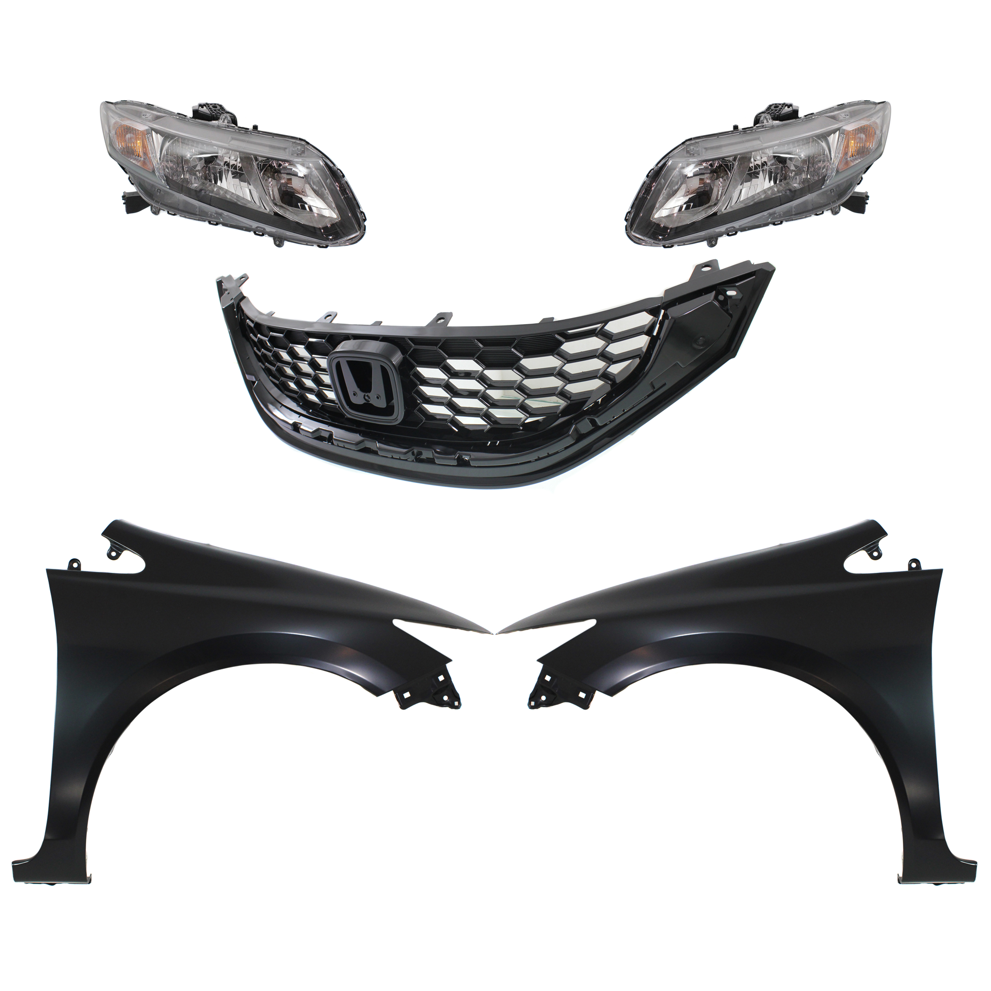 AM CIVIC 13-15 HEAD LAMP RH AND LH Assembly Halogen 5 pc Kit with Fenders and Grille SKU KIT 030323-203 Partslink HO2502150 HO2503150 HO1240181 HO1241181 HO1200218 OEM 33100TR0A51-33150TR0A51-60261T