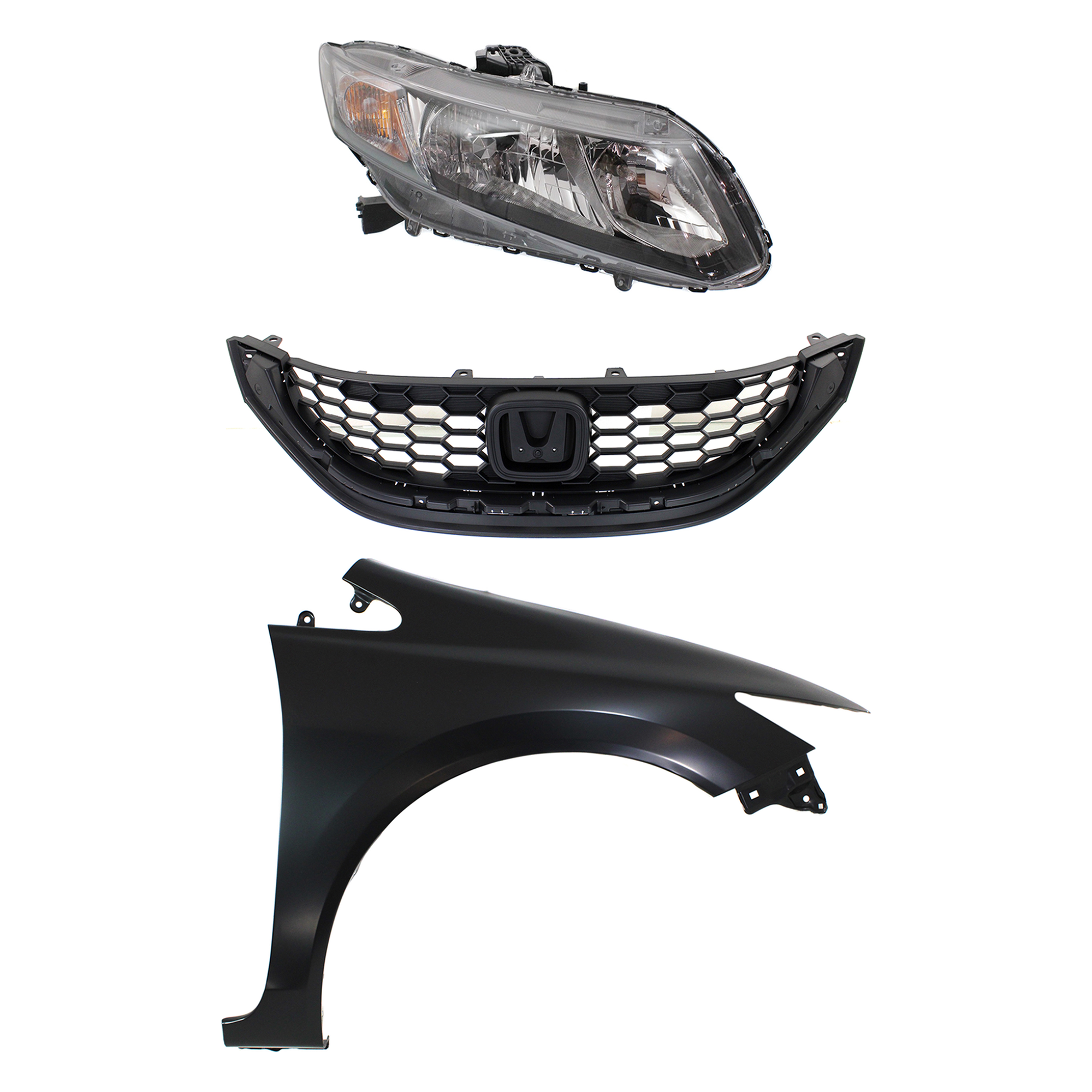 AM CIVIC 13-15 HEAD LAMP RH Assembly Halogen 3 pc Kit with Fender and Grille SKU KIT 030323-20401 Partslink HO2503150 HO1241181 HO1200216 OEM 33100TR0A51-60211TR6305ZZ 7112