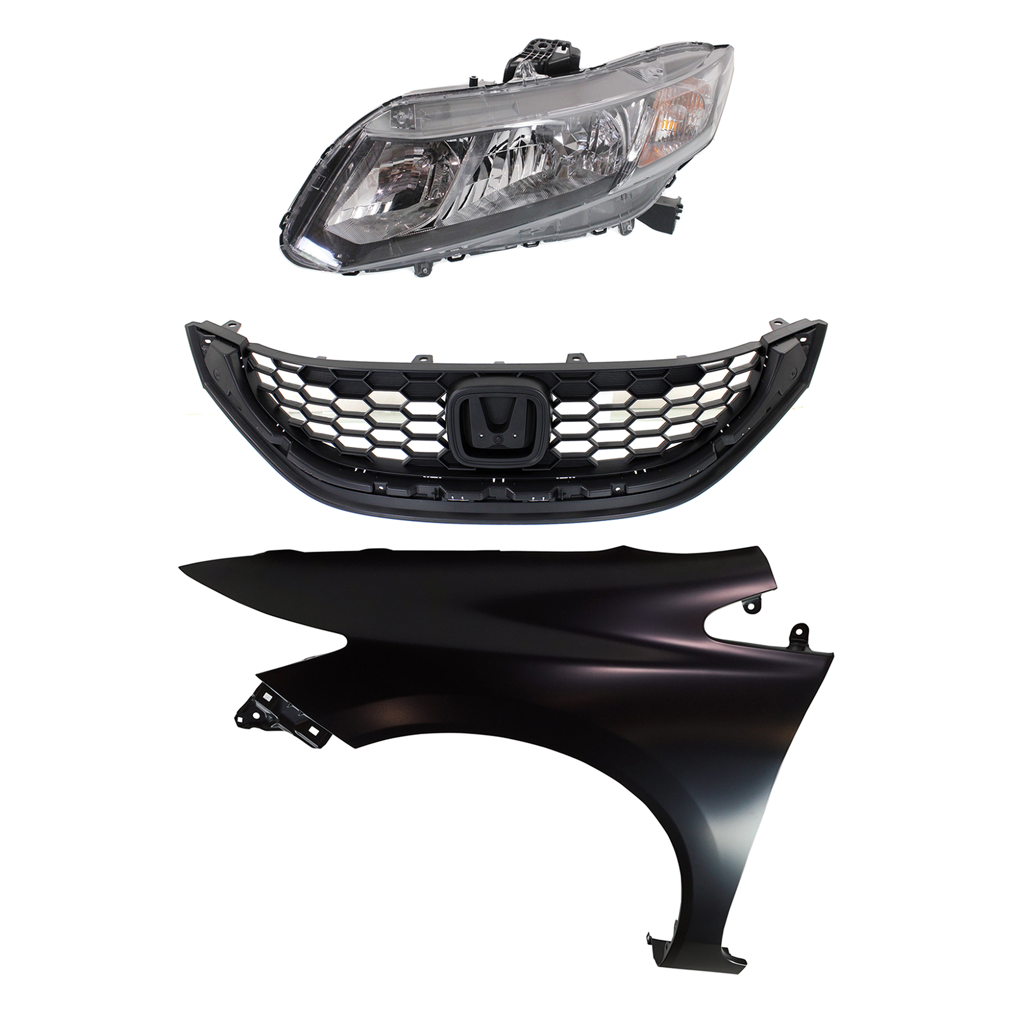 AM CIVIC 13-15 HEAD LAMP LH Assembly Halogen 3 pc Kit with Fender and Grille SKU KIT 030323-20402 Partslink HO2502150 HO1240181 HO1200216 OEM 33150TR0A51-60261TR6305ZZ 7112