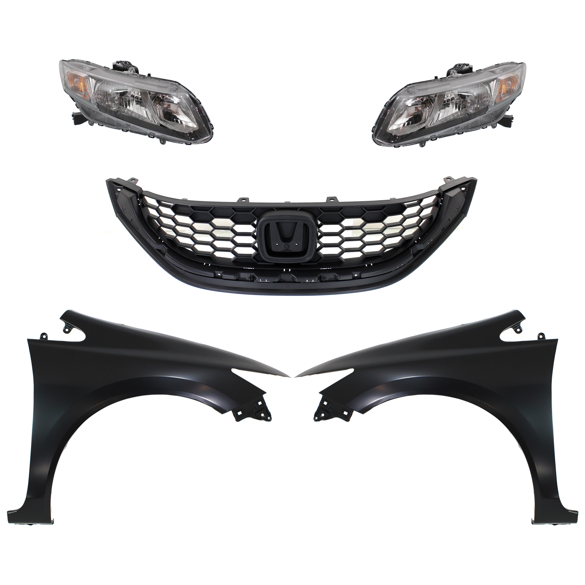 AM CIVIC 13-15 HEAD LAMP RH AND LH Assembly Halogen 5 pc Kit with Fenders and Grille SKU KIT 030323-204 Partslink HO2502150 HO2503150 HO1240181 HO1241181 HO1200216 OEM 33150TR0A51-33100TR0A51-60261T