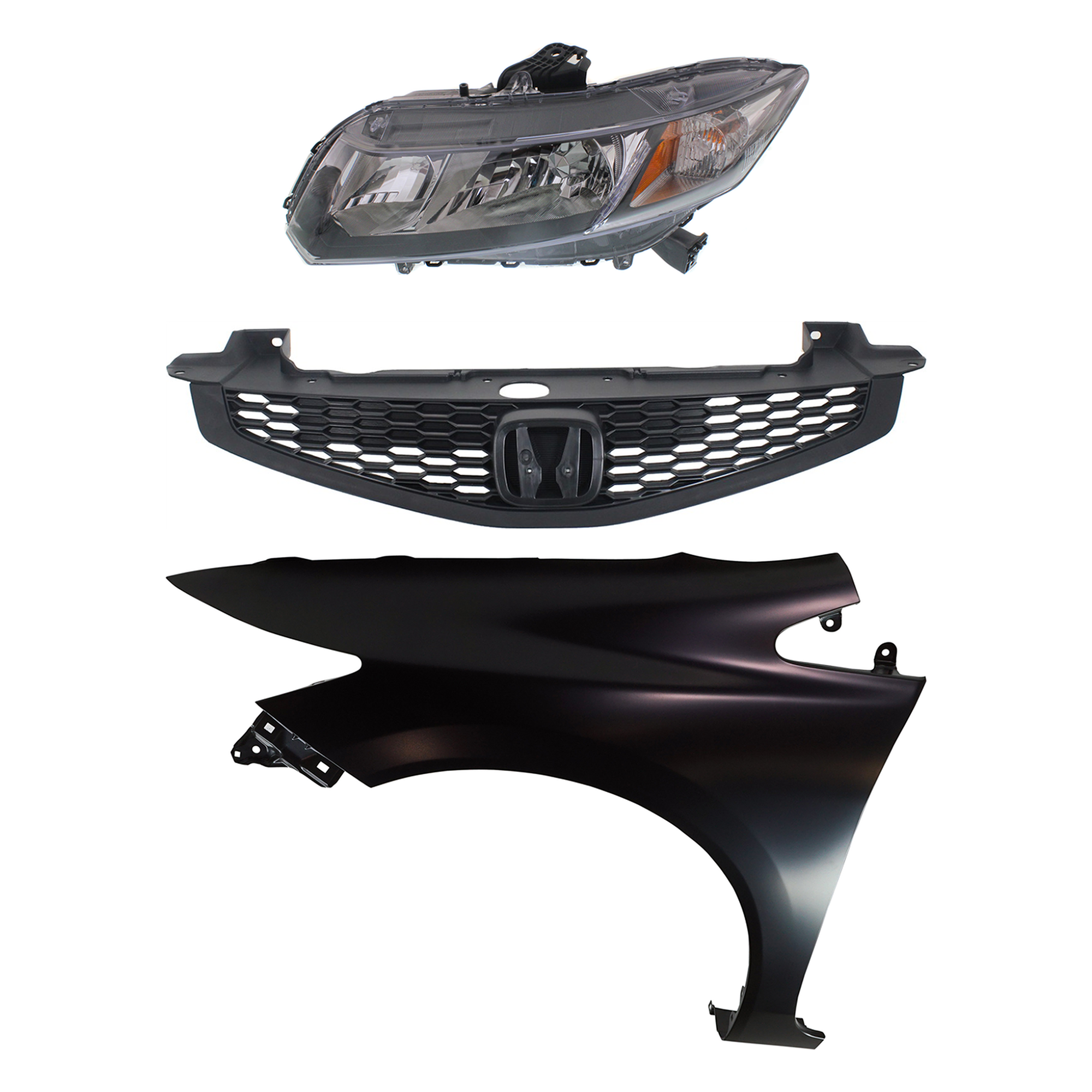 AM CIVIC 13-13 HEAD LAMP LH Assembly Halogen 3 pc Kit with Fender and Grille CAPA SKU KIT 030323-20502 Partslink HO1200209C HO1240181C HO2502150C OEM 33150TR0A51-60261TR6305ZZ 7112