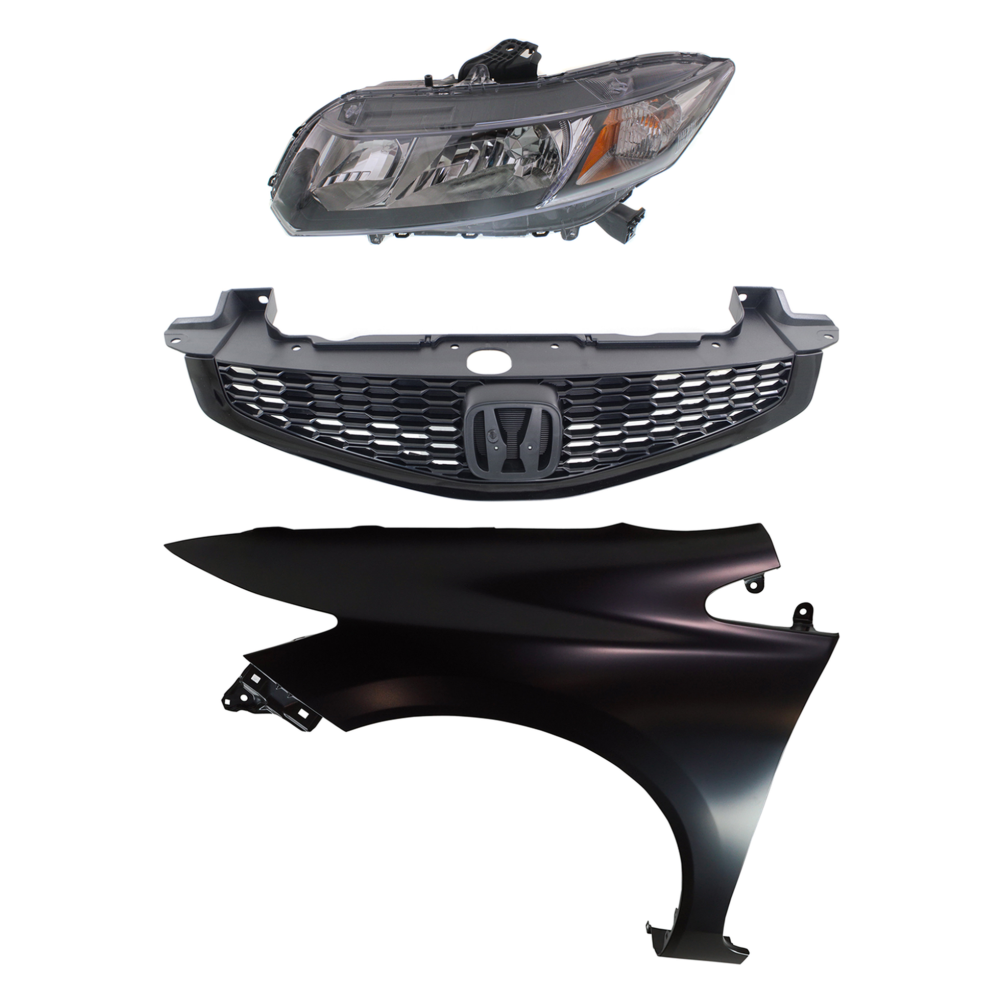 AM CIVIC 13-13 HEAD LAMP LH Assembly Halogen 3 pc Kit with Fender and Grille CAPA SKU KIT 030323-20602 Partslink HO1200212C HO1240181C HO2502150C OEM 33150TR0A51-60261TR6305ZZ 7112