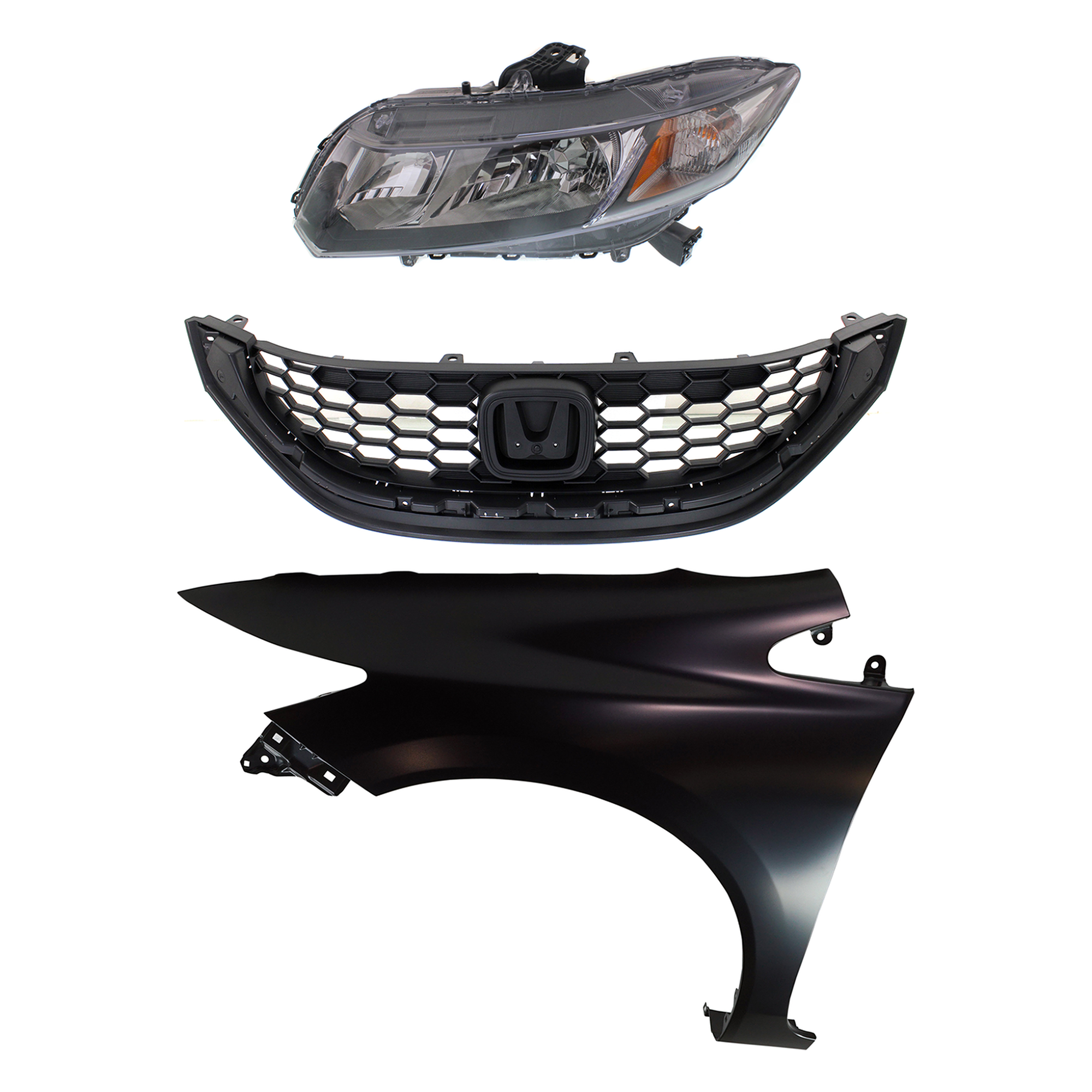AM CIVIC 13-15 HEAD LAMP LH Assembly Halogen 3 pc Kit with Fender and Grille CAPA SKU KIT 030323-20802 Partslink HO1200216C HO1240181C HO2502150C OEM 33150TR0A51-60261TR6305ZZ 7112