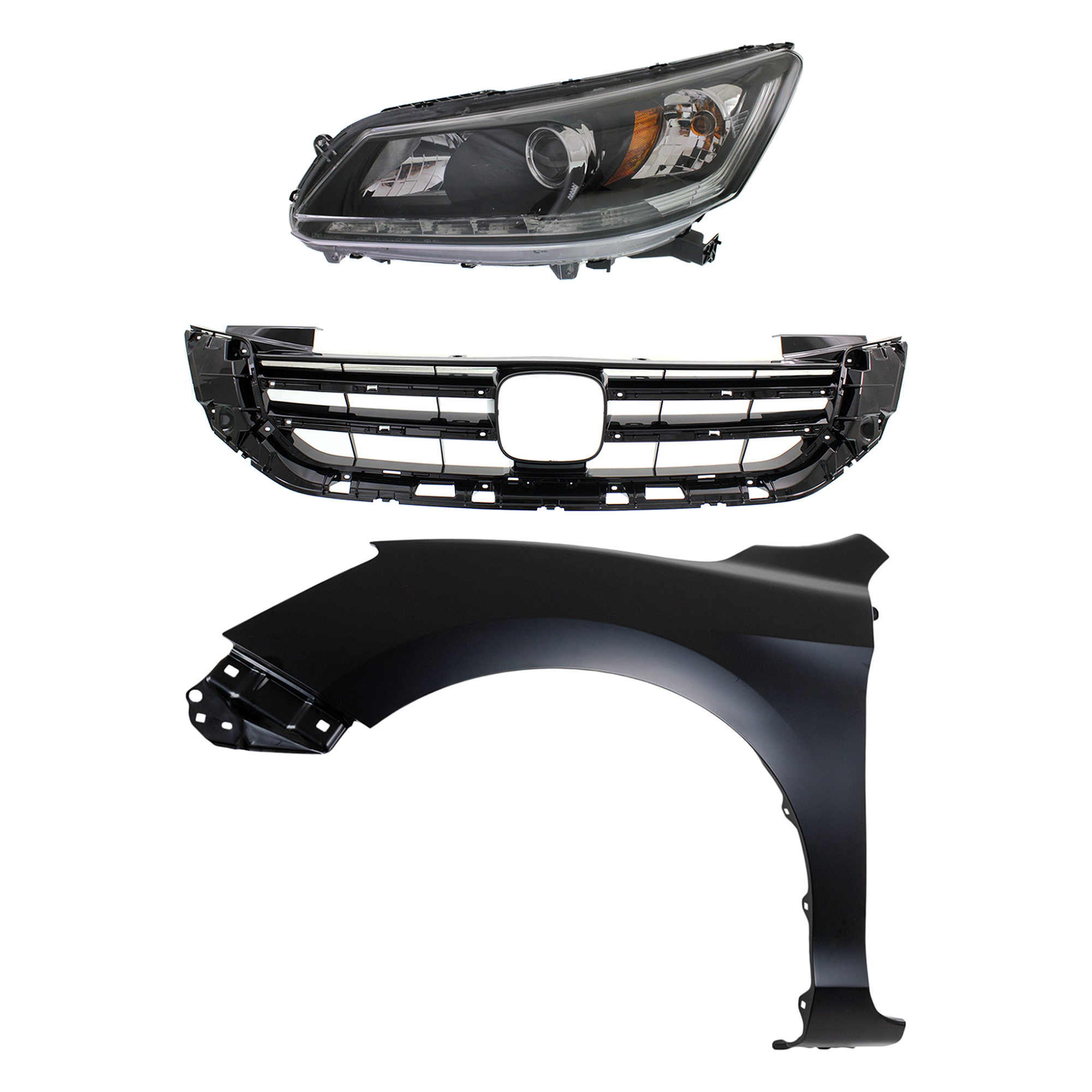 AM ACCORD 13-15 HEAD LAMP LH Assembly Halogen 3 pc Kit with Fender and Grille Assembly SKU KIT 030323-20902 Partslink HO2502156 HO1240185 HO1200215 OEM 33150T2AA21-33150T2AA11-60261T