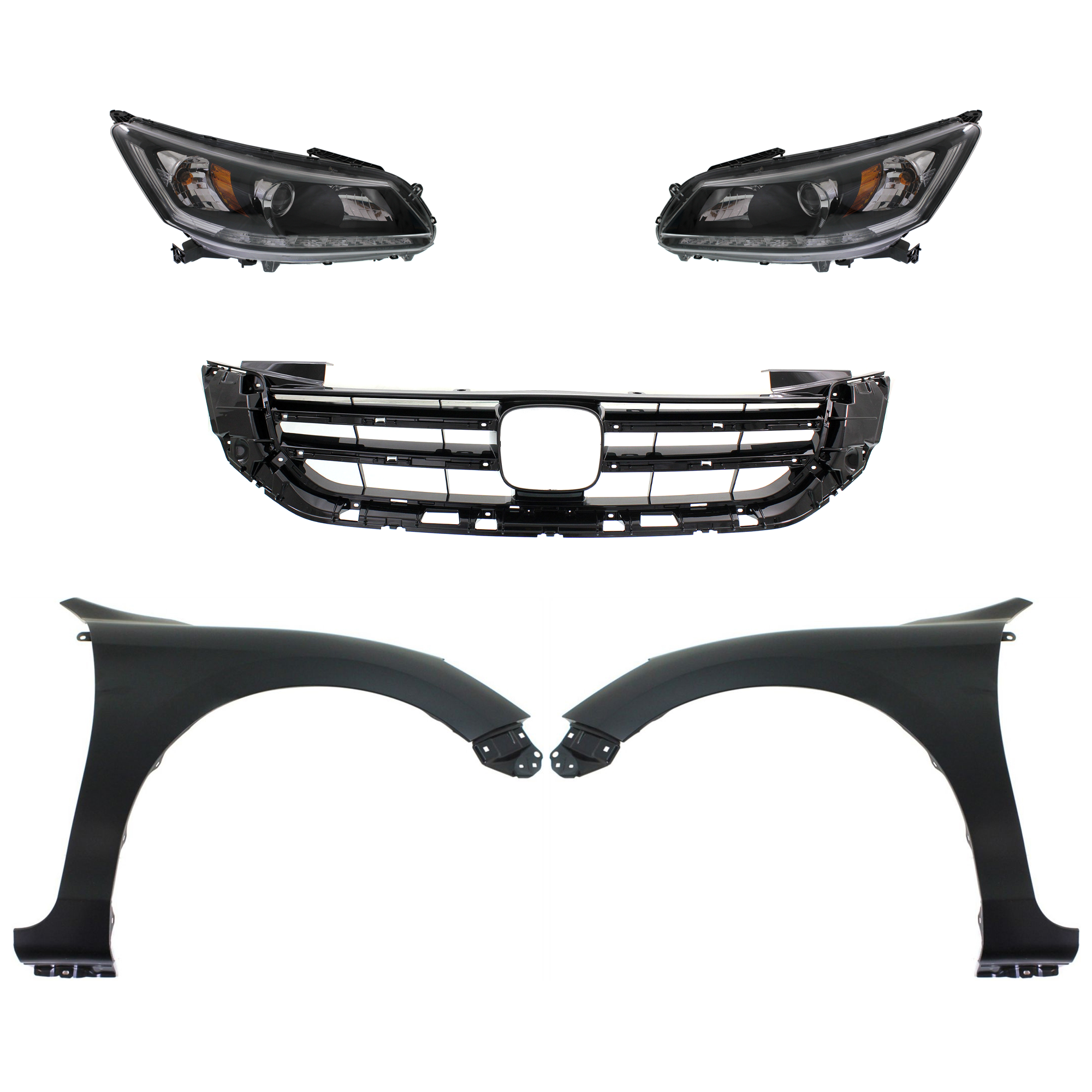 AM ACCORD 13-15 HEAD LAMP RH AND LH 5 pc Kit Assembly Halogen 6 Cyl 3.5L Engine w Fenders and Grille Assembly EX L Touring Models Sedan SKU KIT 030323-209 Partslink HO2502156 HO2503156 HO1241185 HO1240185 HO1200215 OEM 33100T2AA21-33100T2AA11-33150T