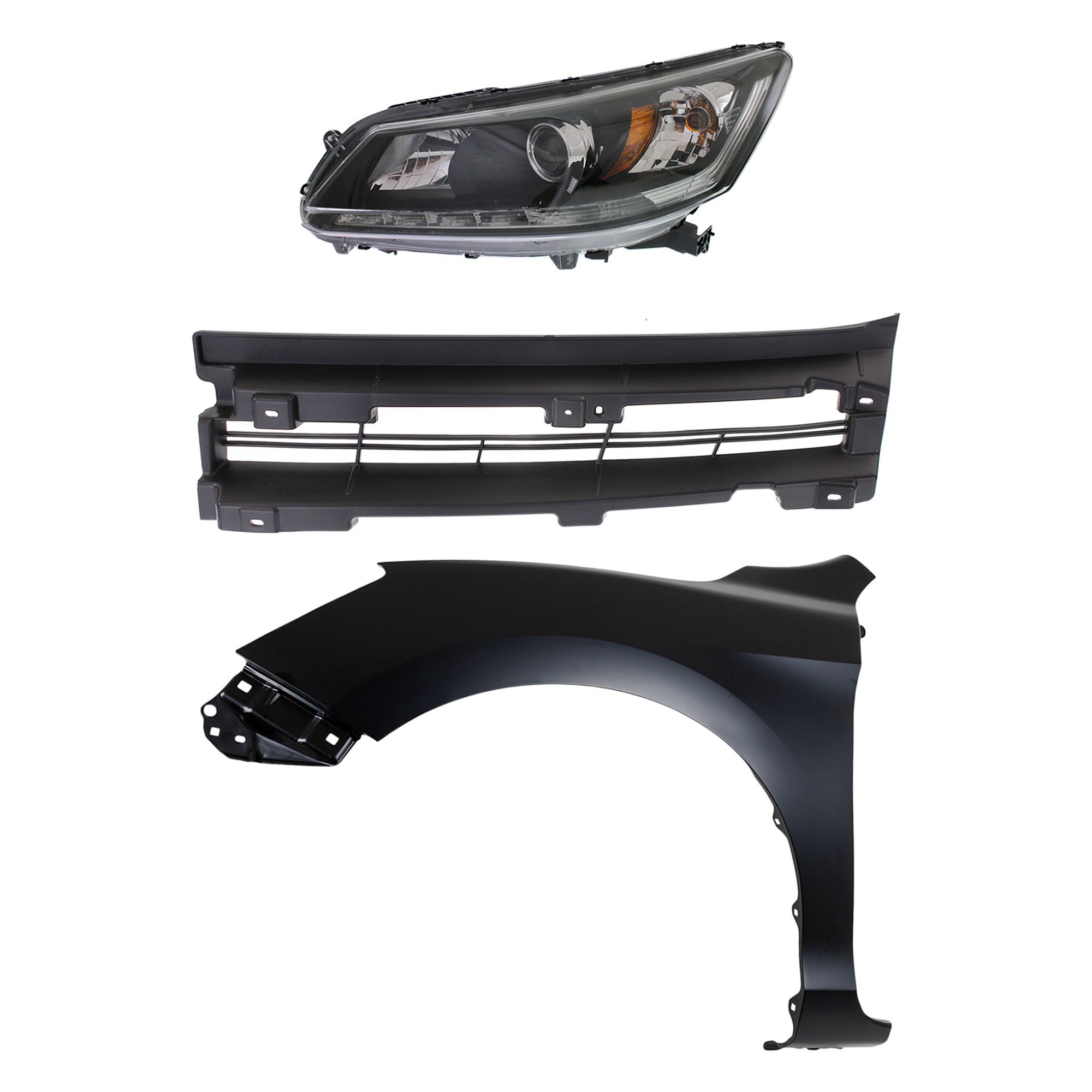 AM ACCORD 13-15 HEAD LAMP LH Assembly Halogen 3 pc Kit with Fender and Grille Assembly SKU KIT 030323-21002 Partslink HO2502156 HO1240185 HO1208100 OEM 33150T2AA21-33150T2AA11-60261T