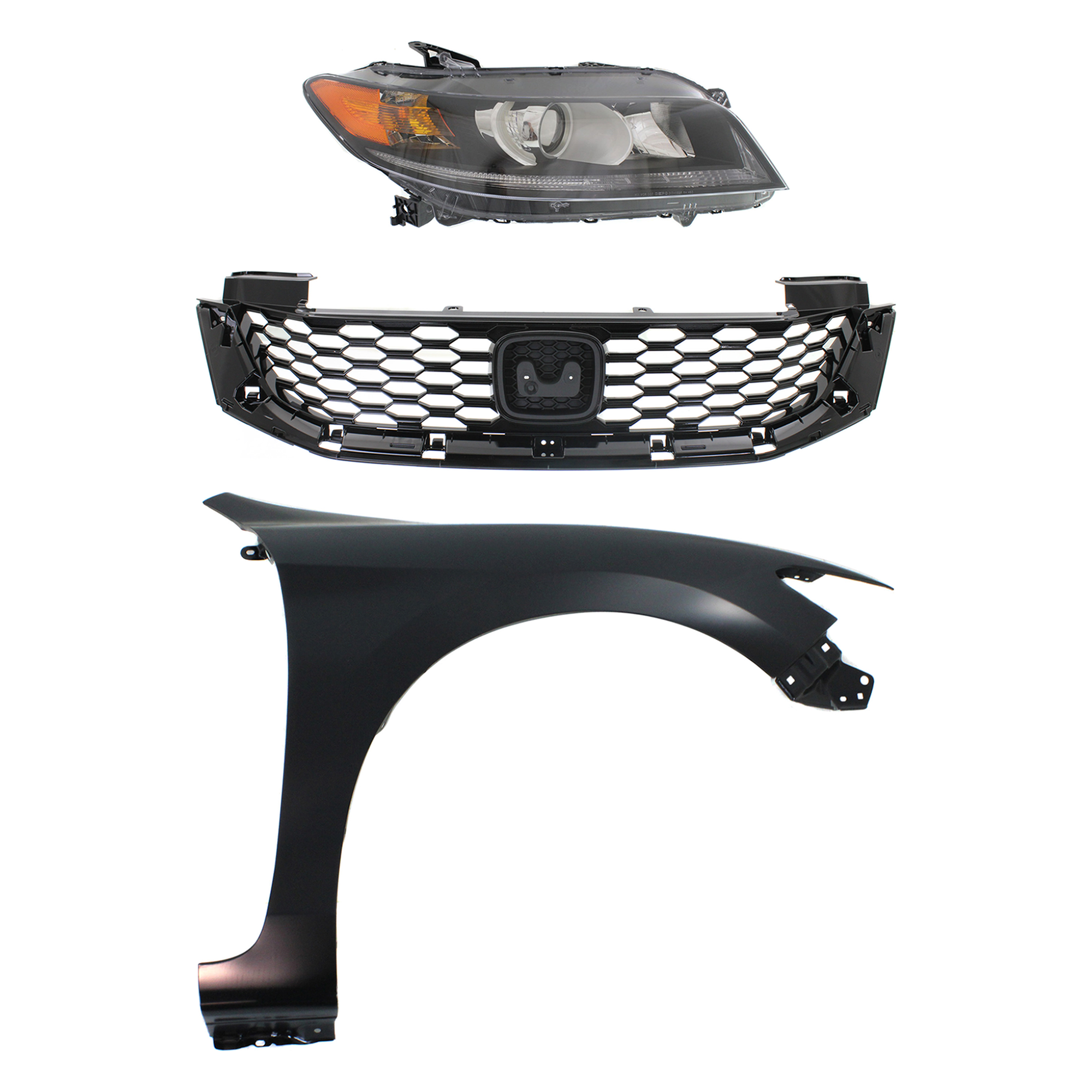 AM ACCORD 13-15 HEAD LAMP RH Assembly Halogen 3 pc Kit with Fender and Grille Assembly SKU KIT 030323-21201 Partslink HO2503157 HO1241186 HO1200217 OEM 33100T3LA11-60211T3LA90ZZ 7112