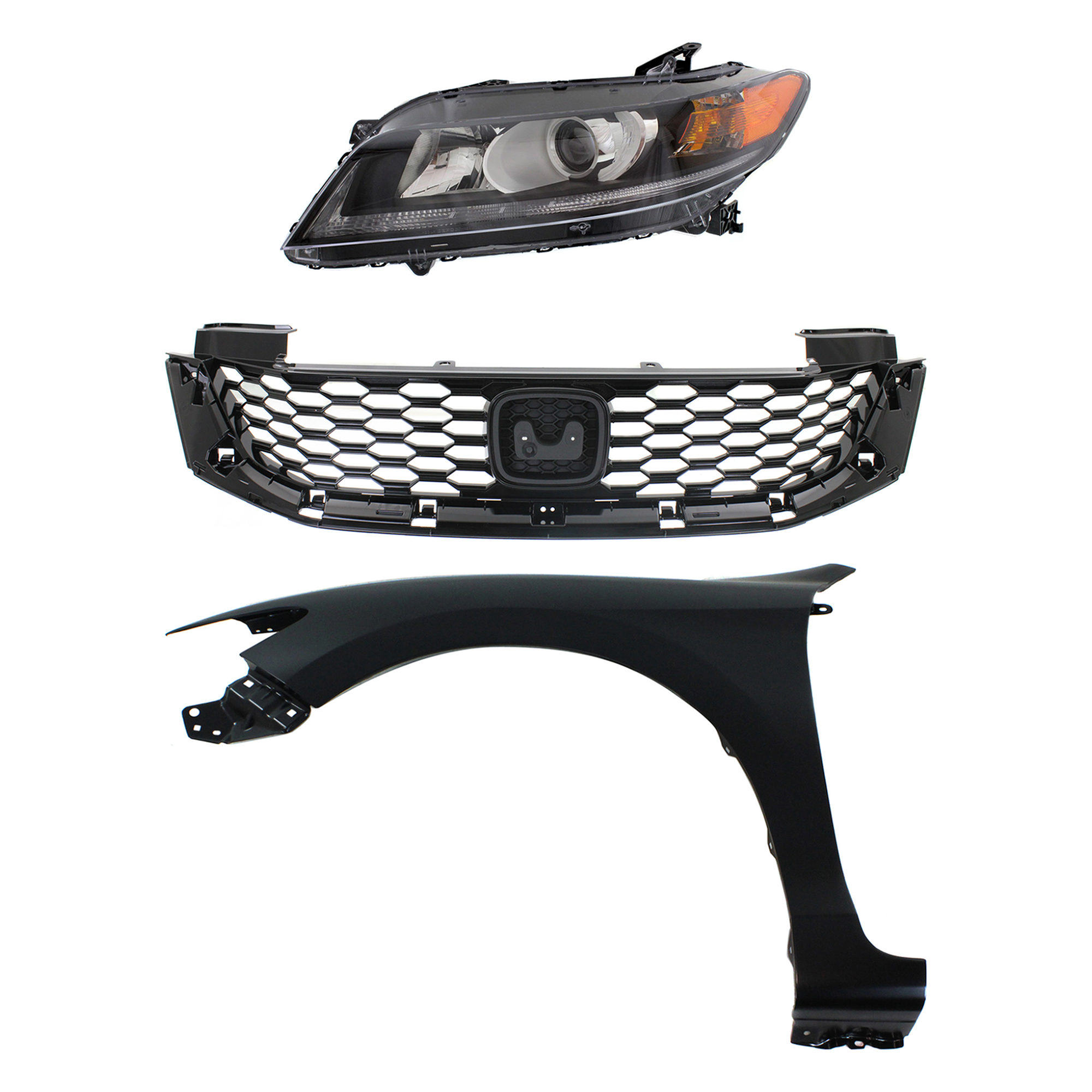 AM ACCORD 13-15 HEAD LAMP LH Assembly Halogen 3 pc Kit with Fender and Grille Assembly SKU KIT 030323-21202 Partslink HO2502157 HO1240186 HO1200217 OEM 33150T3LA11-60261T3LA90ZZ 7112