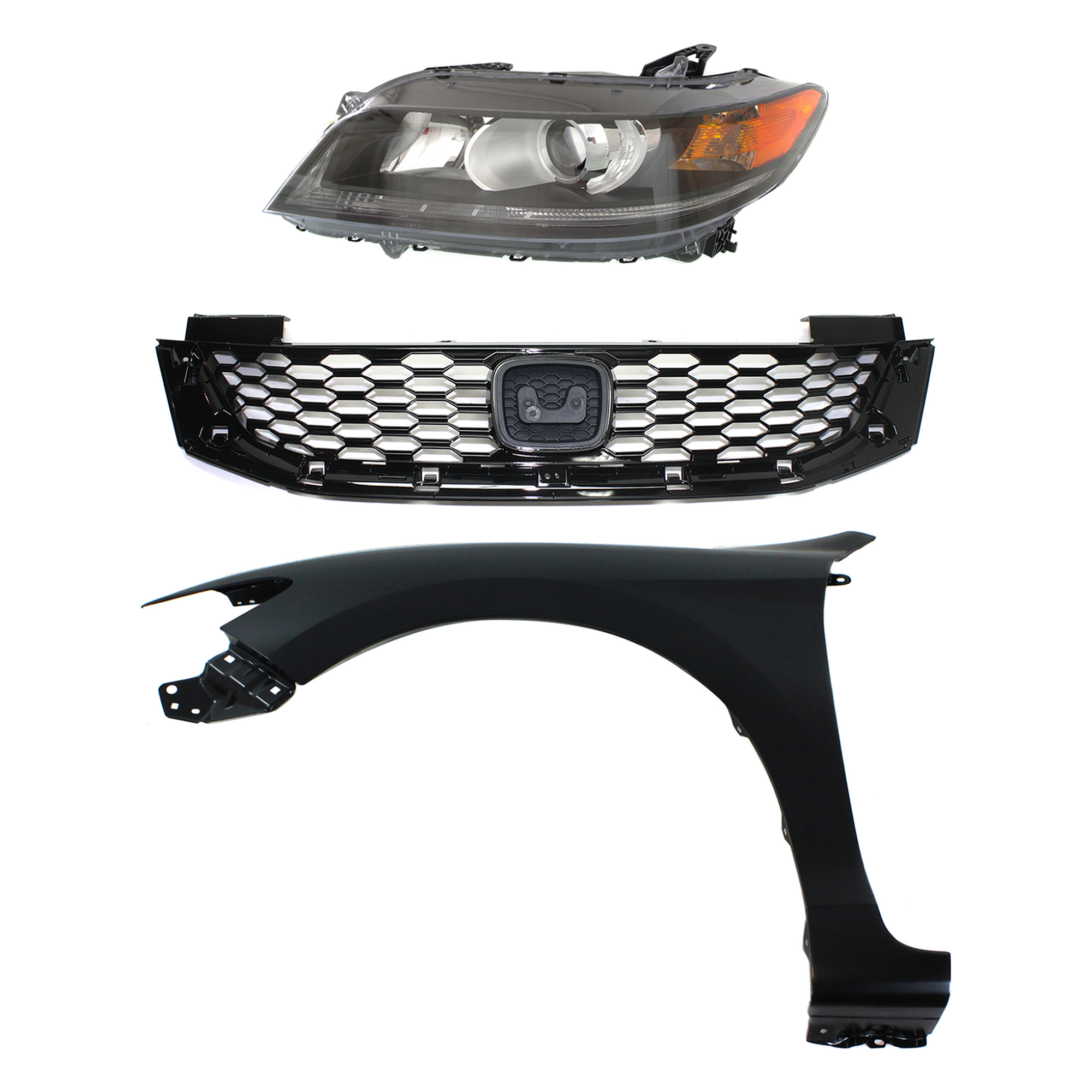 AM ACCORD 13-15 HEAD LAMP LH Assembly Halogen 3 pc Kit with Fender and Grille Assembly SKU KIT 030323-21302 Partslink HO1200217C HO1240186C HO2502157C OEM 33150T3LA11-60261T3LA90ZZ 7112
