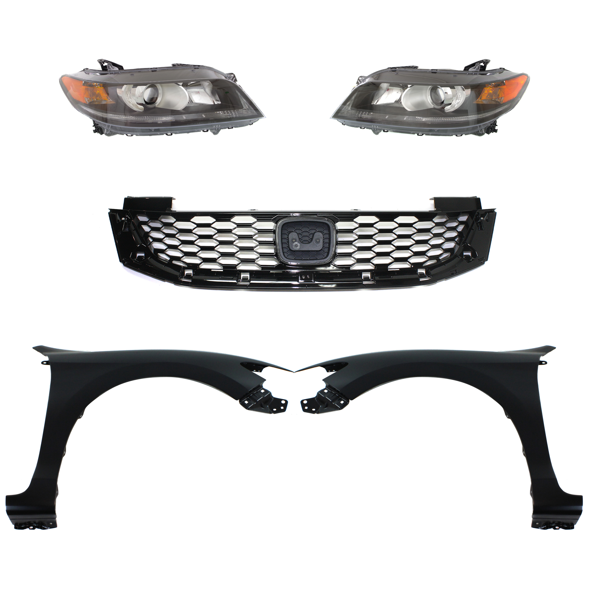 AM ACCORD 13-15 HEAD LAMP RH AND LH Assembly Halogen 5 pc Kit with Fenders and Grille Assembly SKU KIT 030323-213 Partslink HO1200217C HO1240186C HO1241186C HO2502157C HO2503157C OEM 33100T3LA11-33150T3LA11-60211T