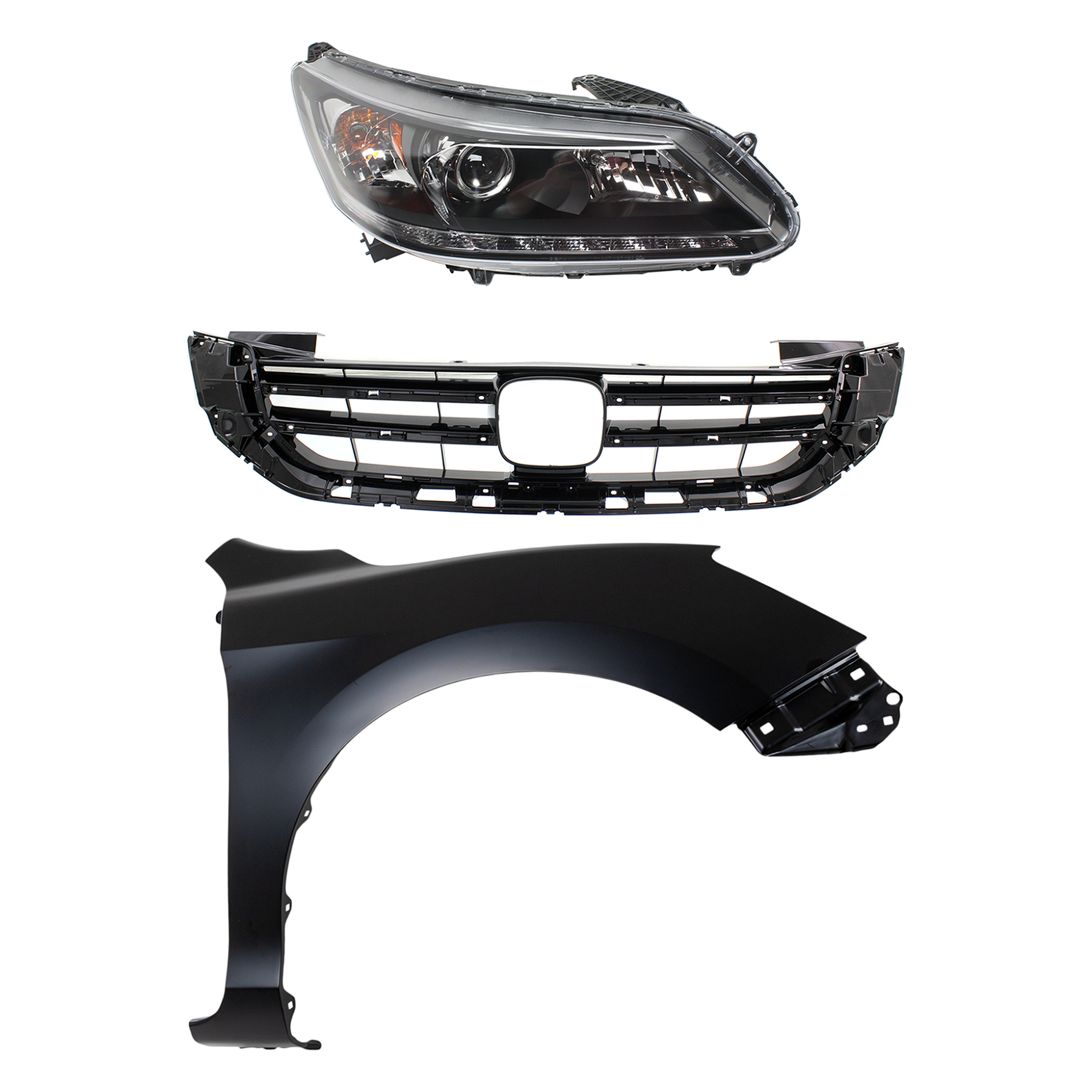 AM ACCORD 14-15 HEAD LAMP RH Assembly Halogen 3 pc Kit with Fender and Grille Assembly CAPA SKU KIT 030323-21401 Partslink HO1200215C HO1241185C HO2503156C OEM 33100T2AA21-33100T2AA11-60211T