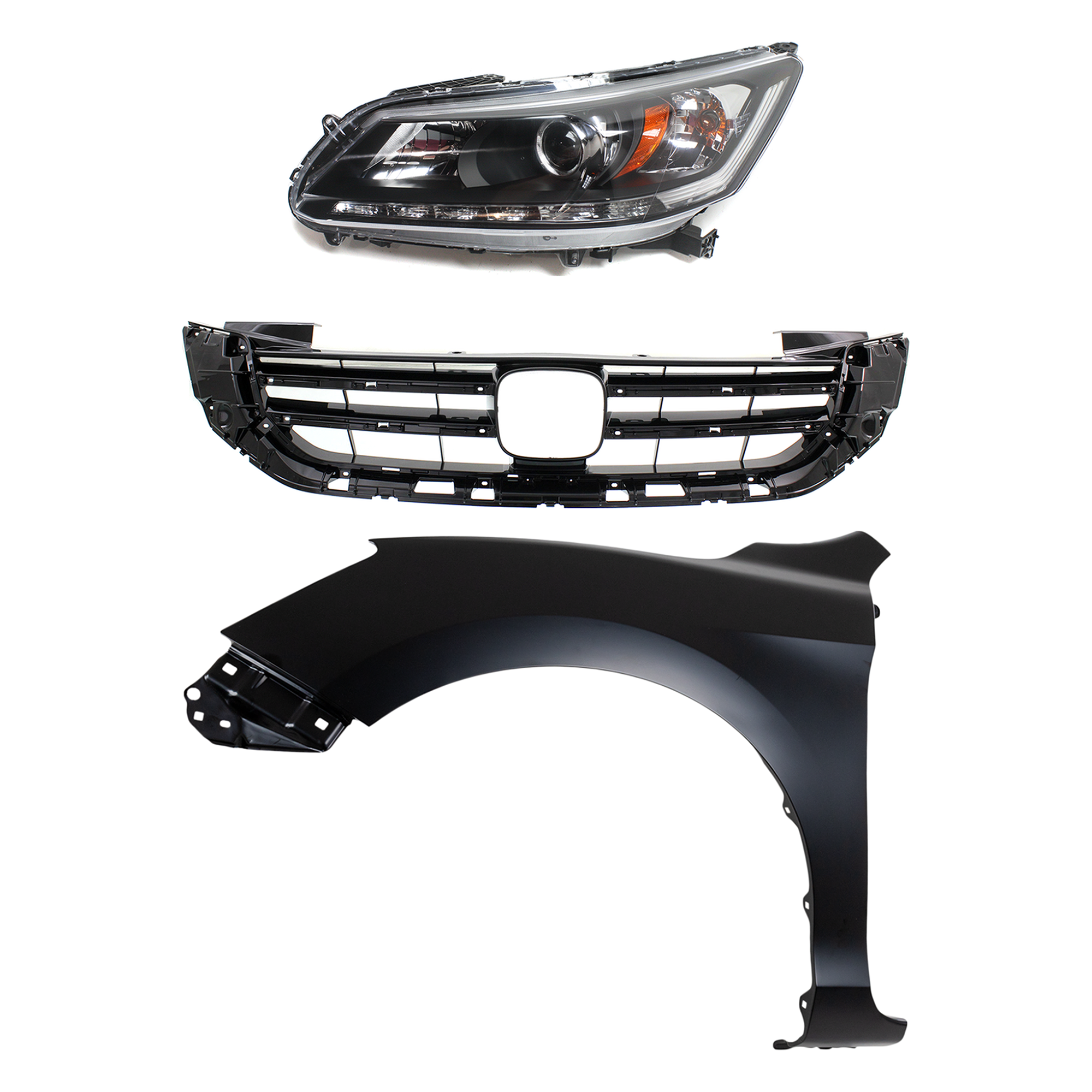 AM ACCORD 14-15 HEAD LAMP LH Assembly Halogen 3 pc Kit with Fender and Grille Assembly SKU KIT 030323-21402 Partslink HO1200215C HO1240185C HO2502156C OEM 33150T2AA21-33150T2AA11-60261T