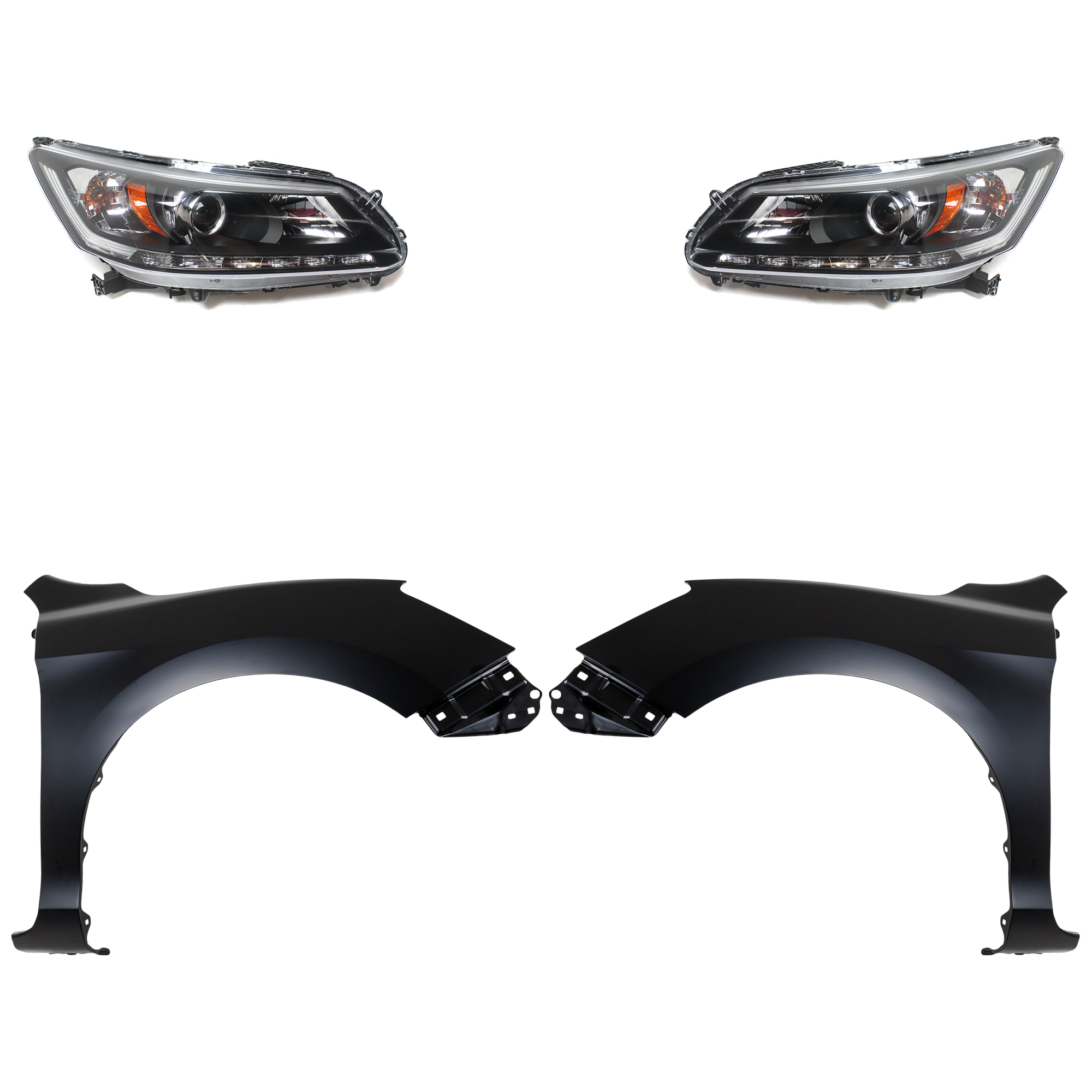 AM ACCORD 14-15 HEAD LAMP RH AND LH Assembly Halogen 4 pc Kit with Fenders SKU KIT 030323-21403 Partslink HO1240185C HO1241185C HO2502156C HO2503156C OEM 33100T2AA21-33100T2AA11-33150T