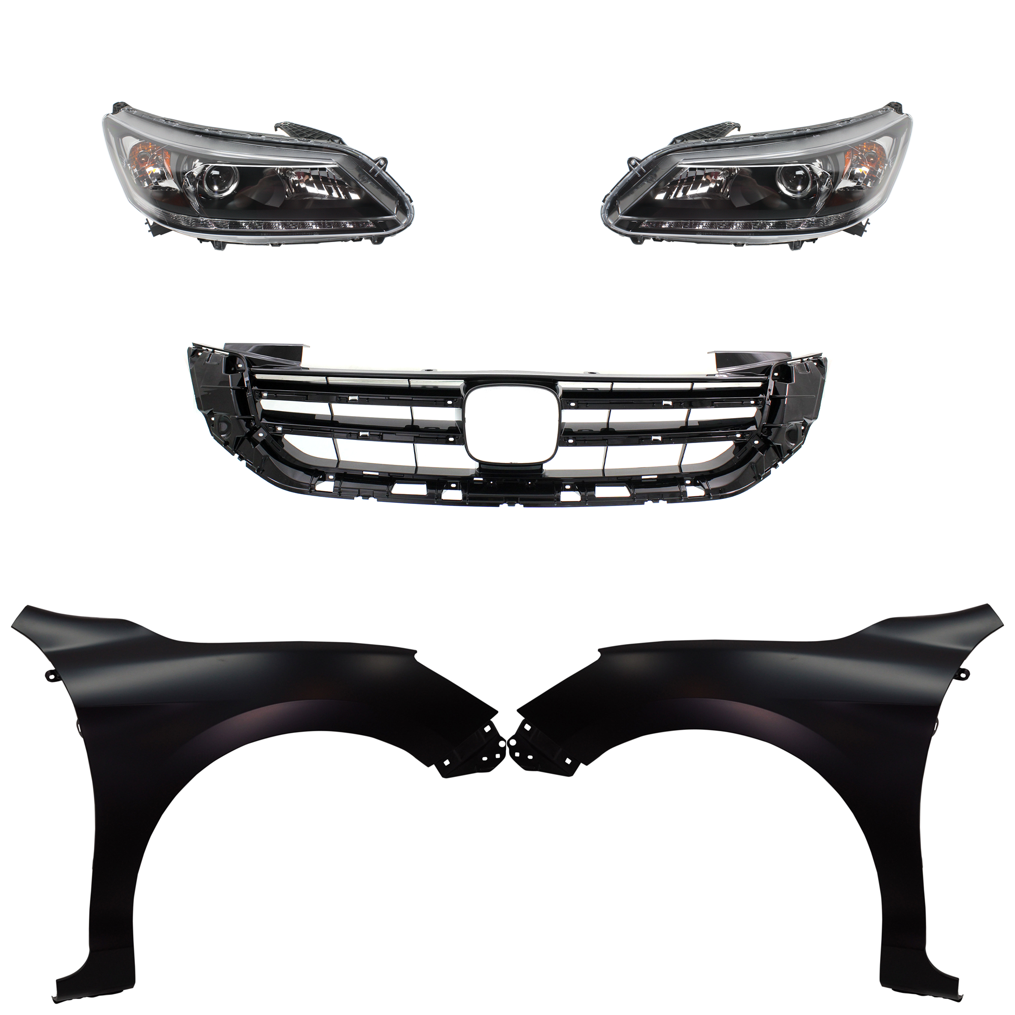 AM ACCORD 14-15 HEAD LAMP RH AND LH Assembly Halogen 5 pc Kit with Fenders and Grille Assembly SKU KIT 030323-214 Partslink HO1200215C HO1240185C HO1241185C HO2502156C HO2503156C OEM 33100T2AA21-33100T2AA11-33150T