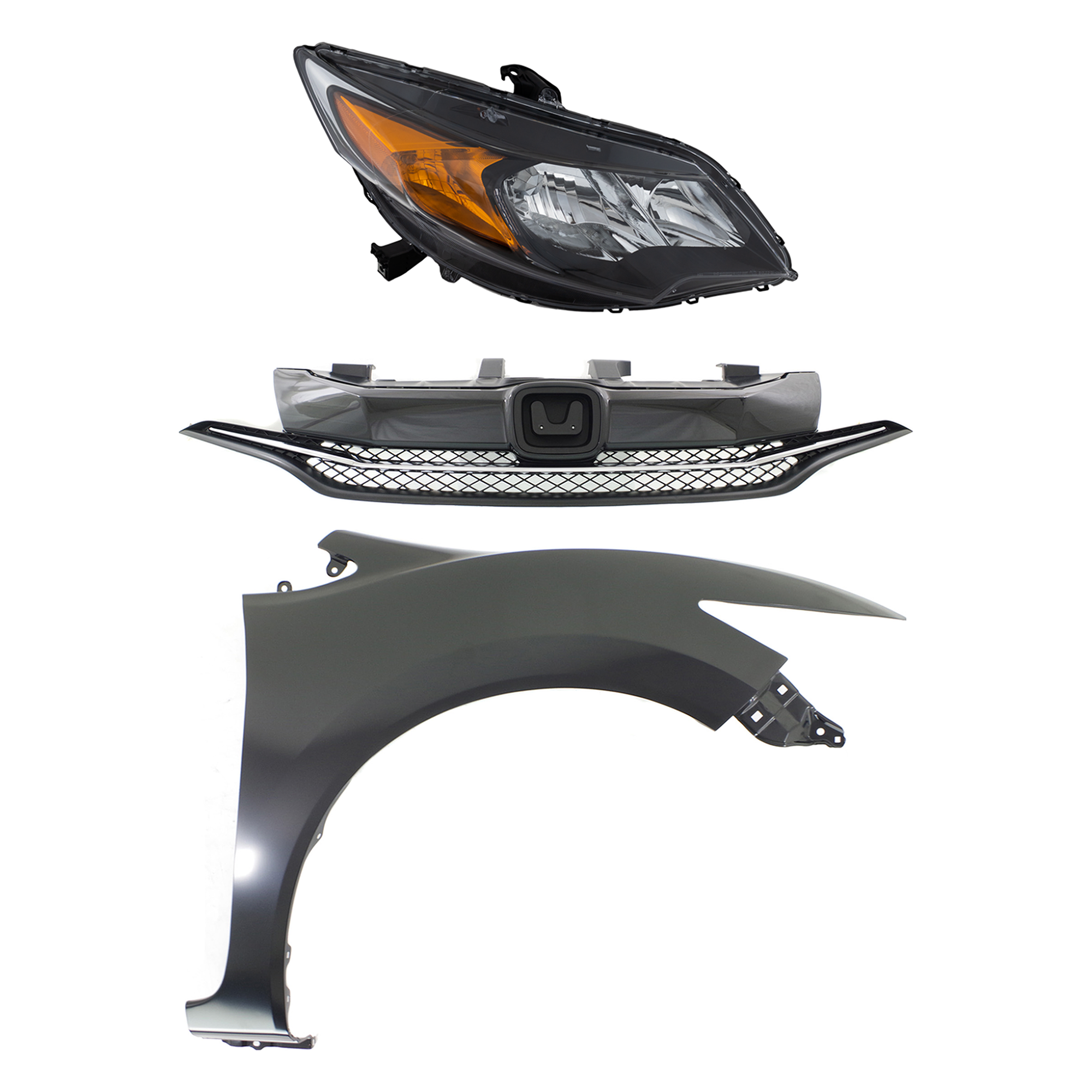 AM CIVIC 14-15 FRONT FENDER RH Primed 3 pc Kit with Grille and Headlight SKU KIT 030323-21601 Partslink HO1241189 HO1200221 HO2503163 OEM 60210TS8A50ZZ 71120TS8A51-3310