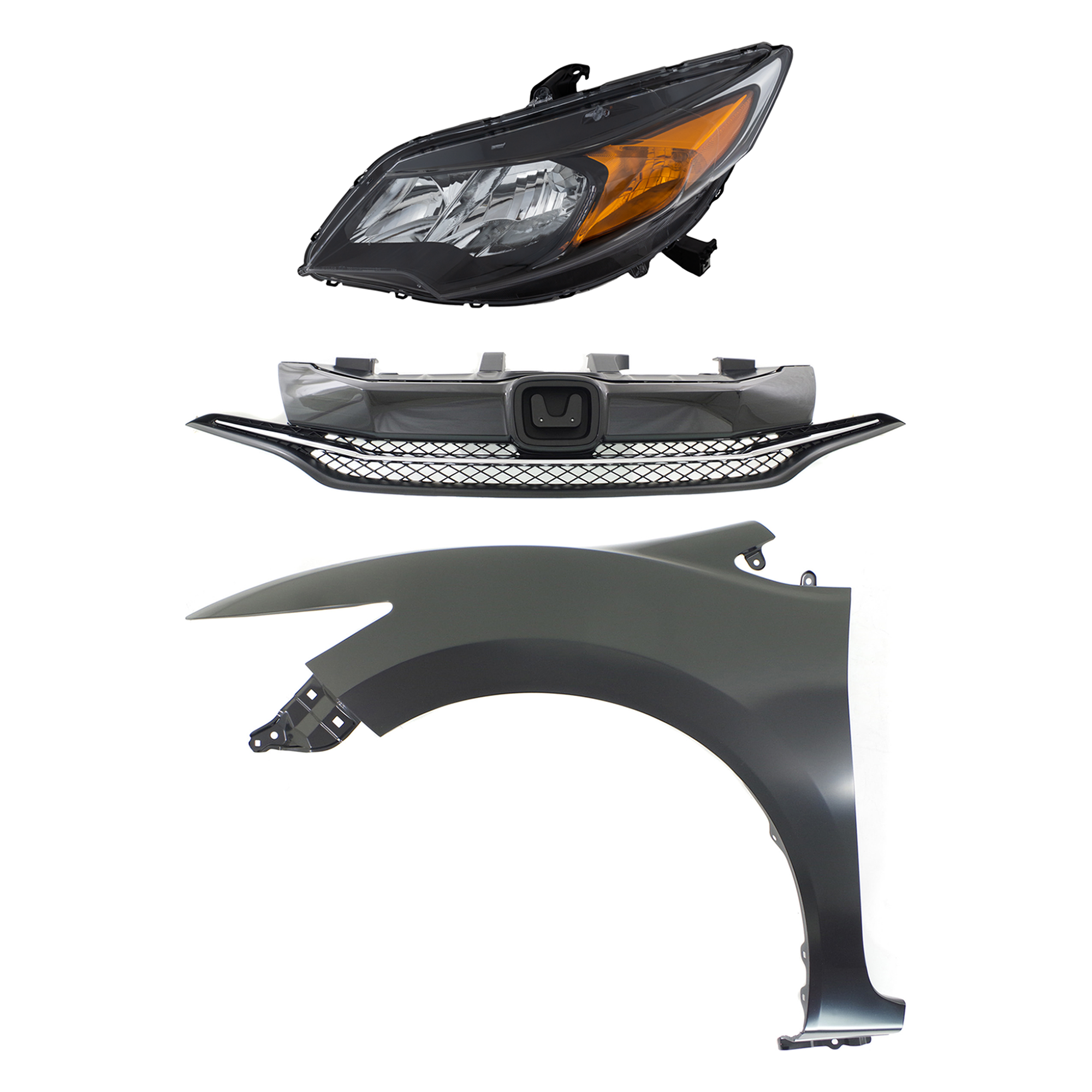 AM CIVIC 14-15 FRONT FENDER LH Primed 3 pc Kit with Grille and Headlight SKU KIT 030323-21602 Partslink HO1240189 HO1200221 HO2502163 OEM 60260TS8A50ZZ 71120TS8A51-3315