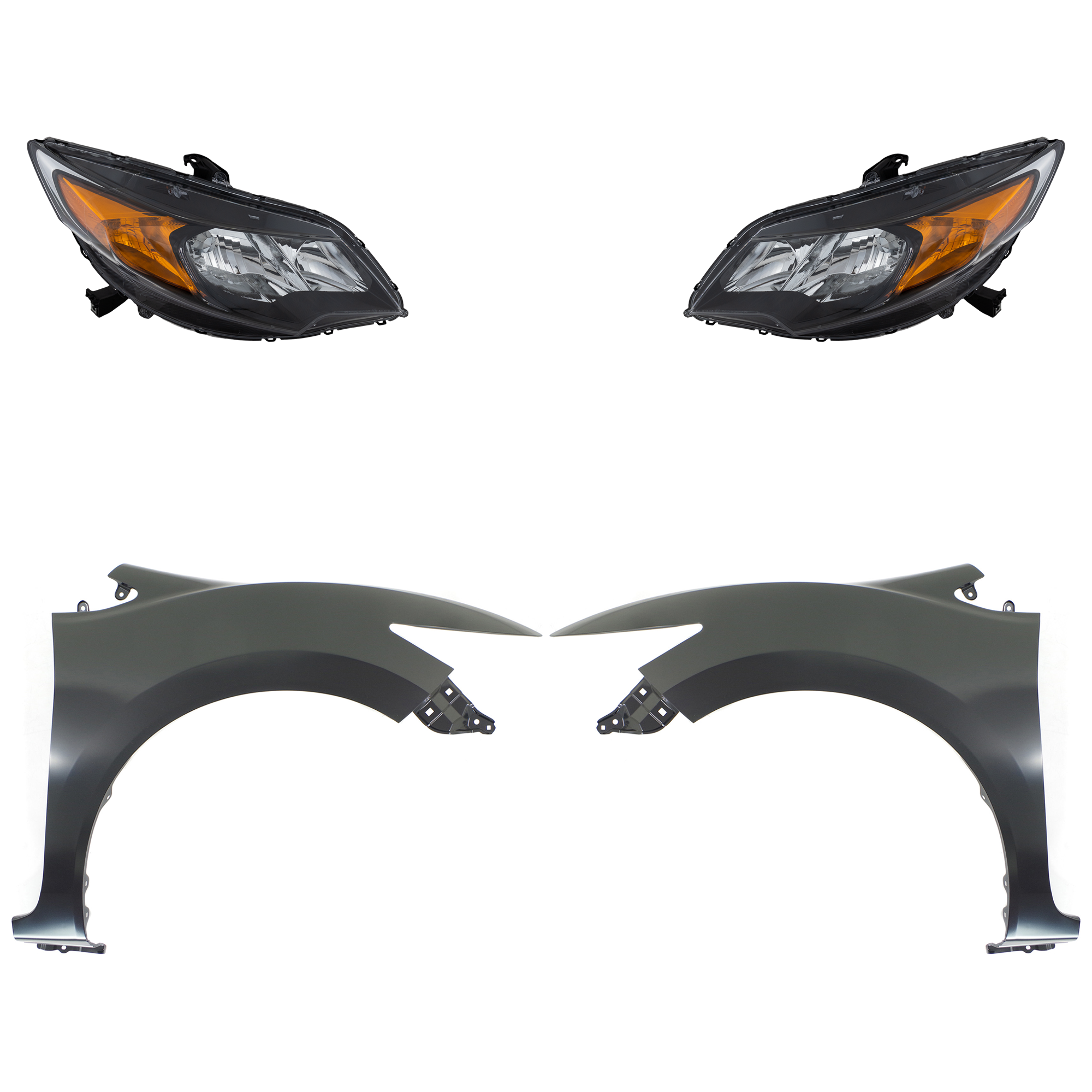 AM CIVIC 14-15 FRONT FENDER RH AND LH Primed 4 pc Kit with Headlights SKU KIT 030323-21603 Partslink HO1241189 HO1240189 HO2502163 HO2503163 OEM 60210TS8A50ZZ 60260TS8A50ZZ 33
