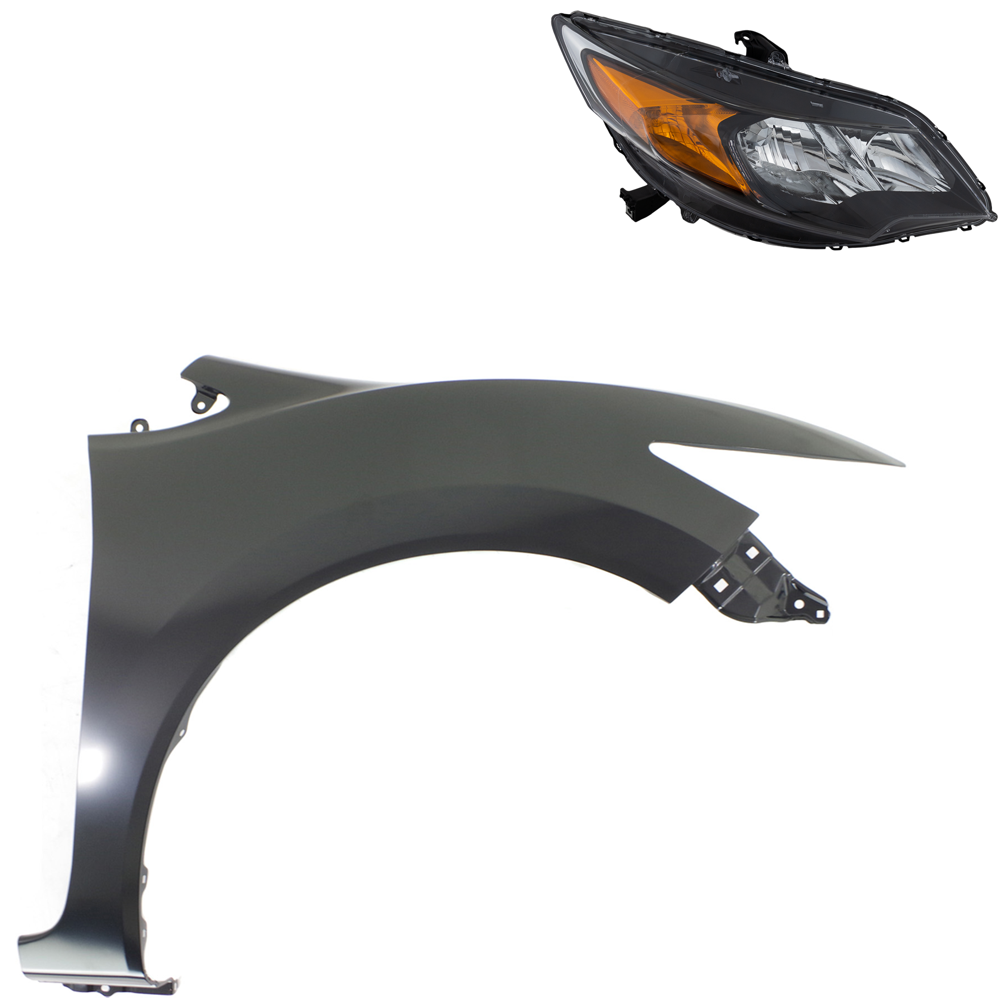 AM CIVIC 14-15 FRONT FENDER RH Primed 2 pc Kit with Headlight SKU KIT 030323-21604 Partslink HO1241189 HO2503163 OEM 60210TS8A50ZZ 33100TS8A51