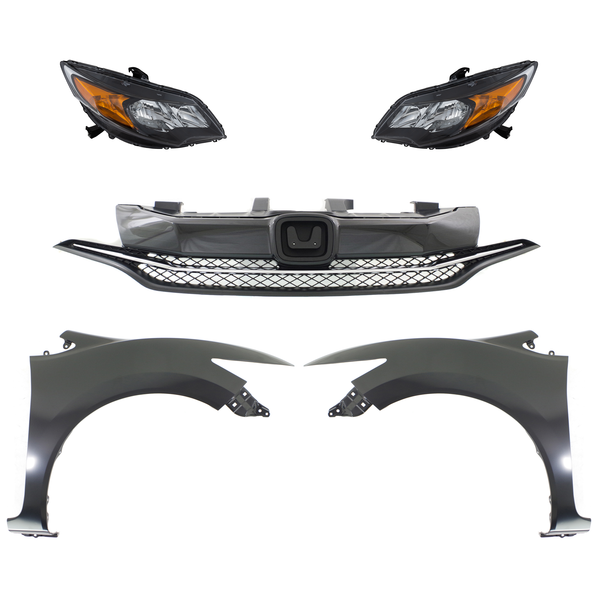 AM CIVIC 14-15 FRONT FENDER RH AND LH Primed 5 pc Kit with Grille and Headlights SKU KIT 030323-216 Partslink HO1241189 HO1240189 HO1200221 HO2502163 HO2503163 OEM 60210TS8A50ZZ 60260TS8A50ZZ 71