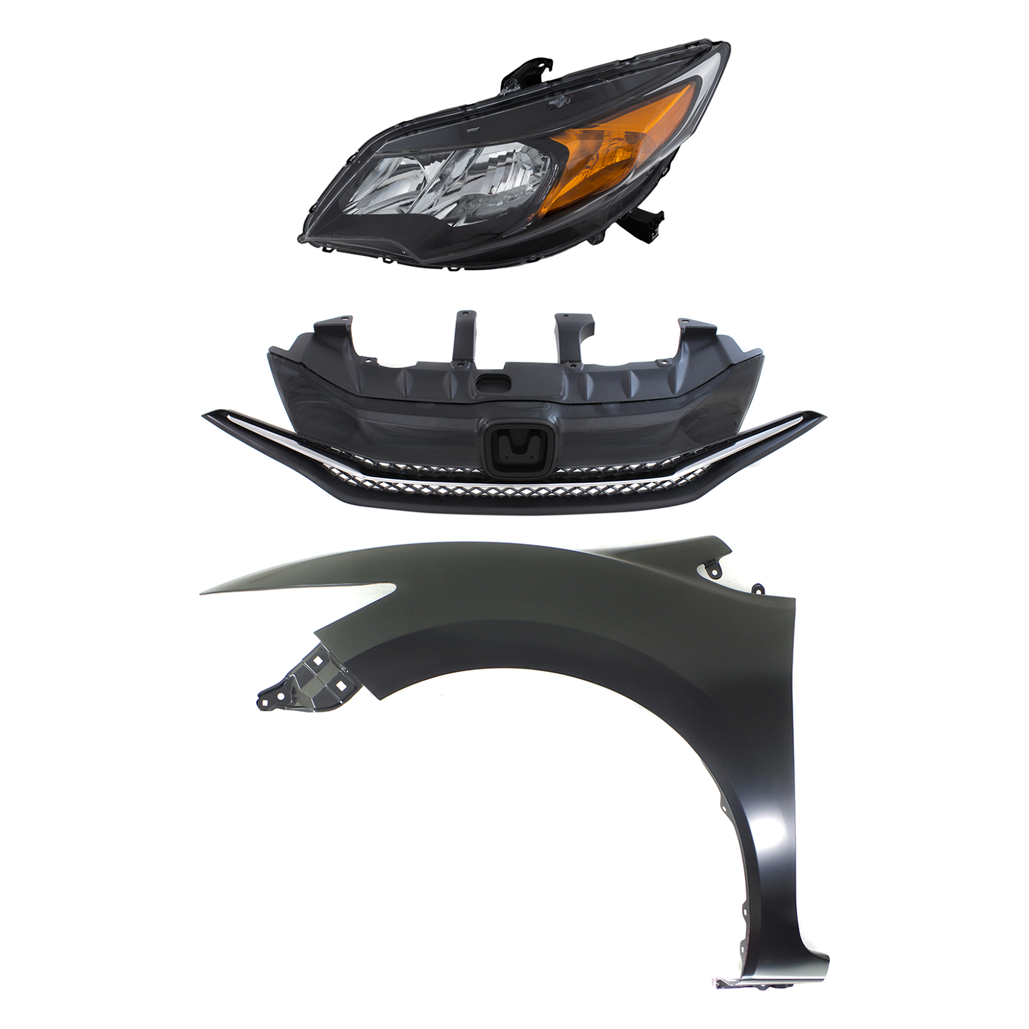 AM CIVIC 14-15 FRONT FENDER LH Primed 3 pc Kit with Grille and Headlight CAPA SKU KIT 030323-21702 Partslink HO1200221C HO1240189C HO2502163C OEM 33150TS8A51-60260TS8A50ZZ 7112