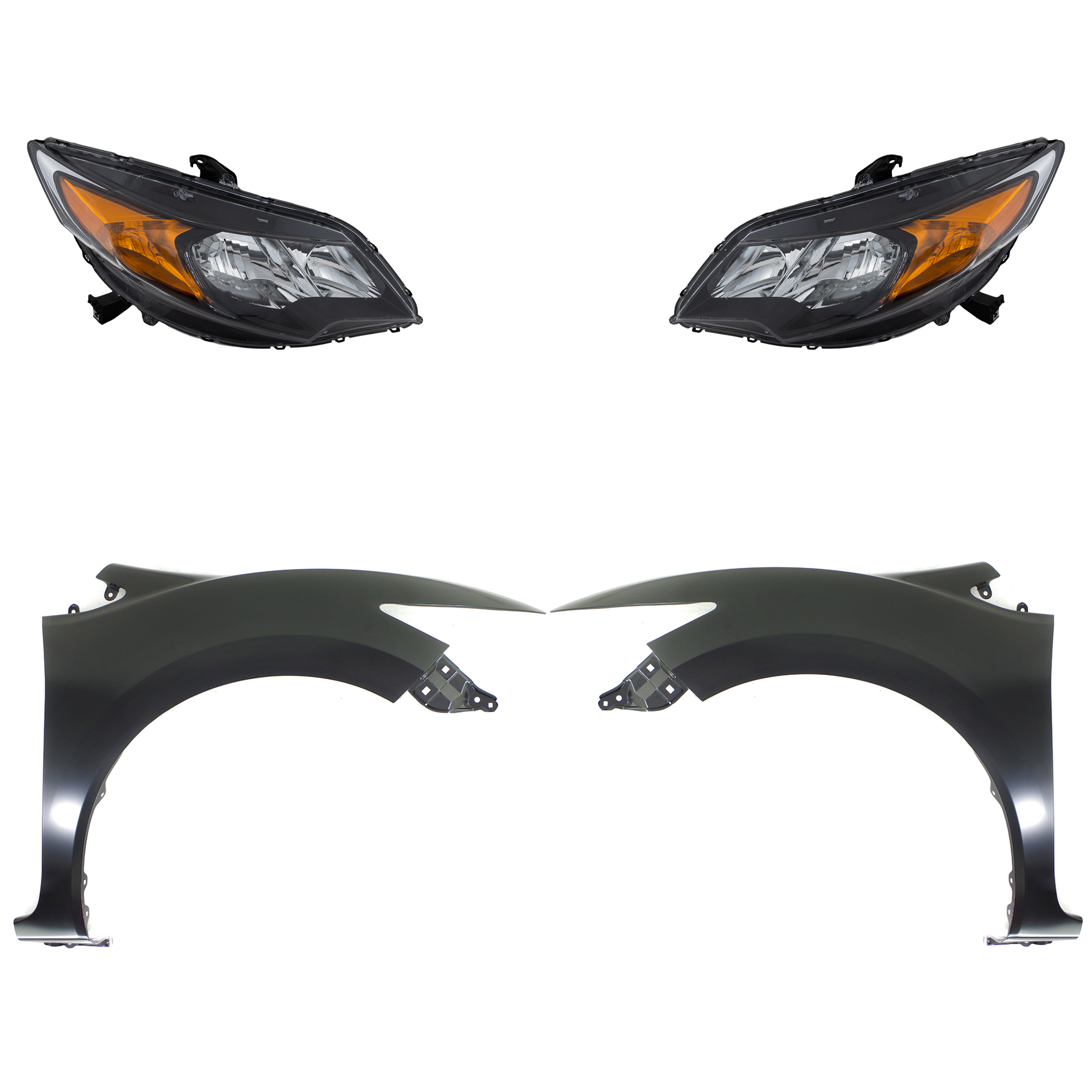 AM CIVIC 14-15 FRONT FENDER RH AND LH Primed 4 pc Kit with Headlights SKU KIT 030323-21703 Partslink HO1240189C HO1241189C HO2502163C HO2503163C OEM 33100TS8A51-33150TS8A51-60210T