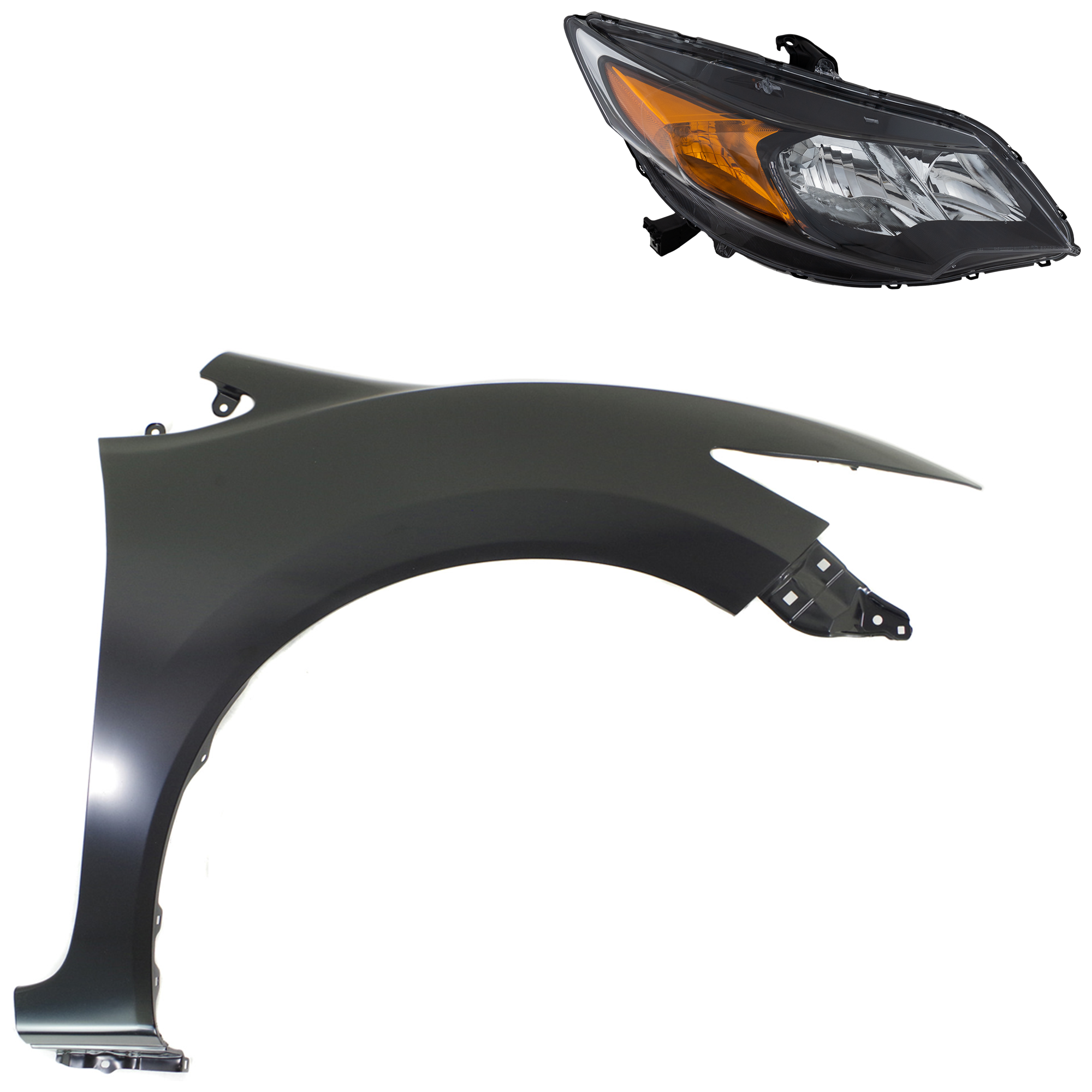 AM CIVIC 14-15 FRONT FENDER RH Primed 2 pc Kit with Headlight SKU KIT 030323-21704 Partslink HO1241189C HO2503163C OEM 33100TS8A51-60210TS8A50ZZ