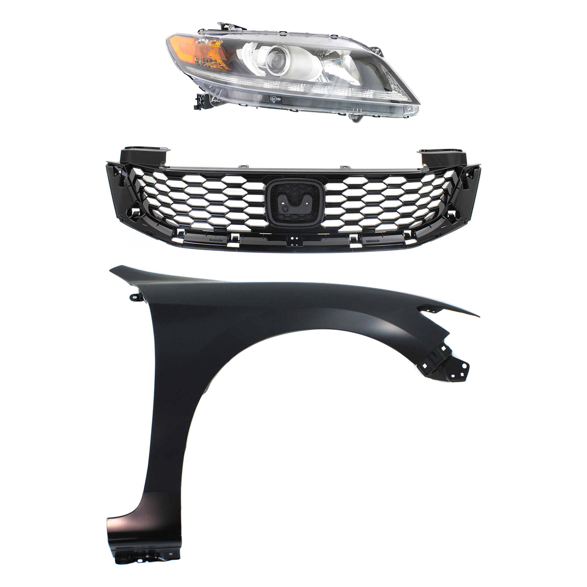 AM ACCORD 13-15 FRONT FENDER RH Primed 3 pc Kit with Grille and Headlight SKU KIT 030323-21801 Partslink HO1241186 HO1200217 HO2503153 OEM 60211T3LA90ZZ 71121T3LA01-3310