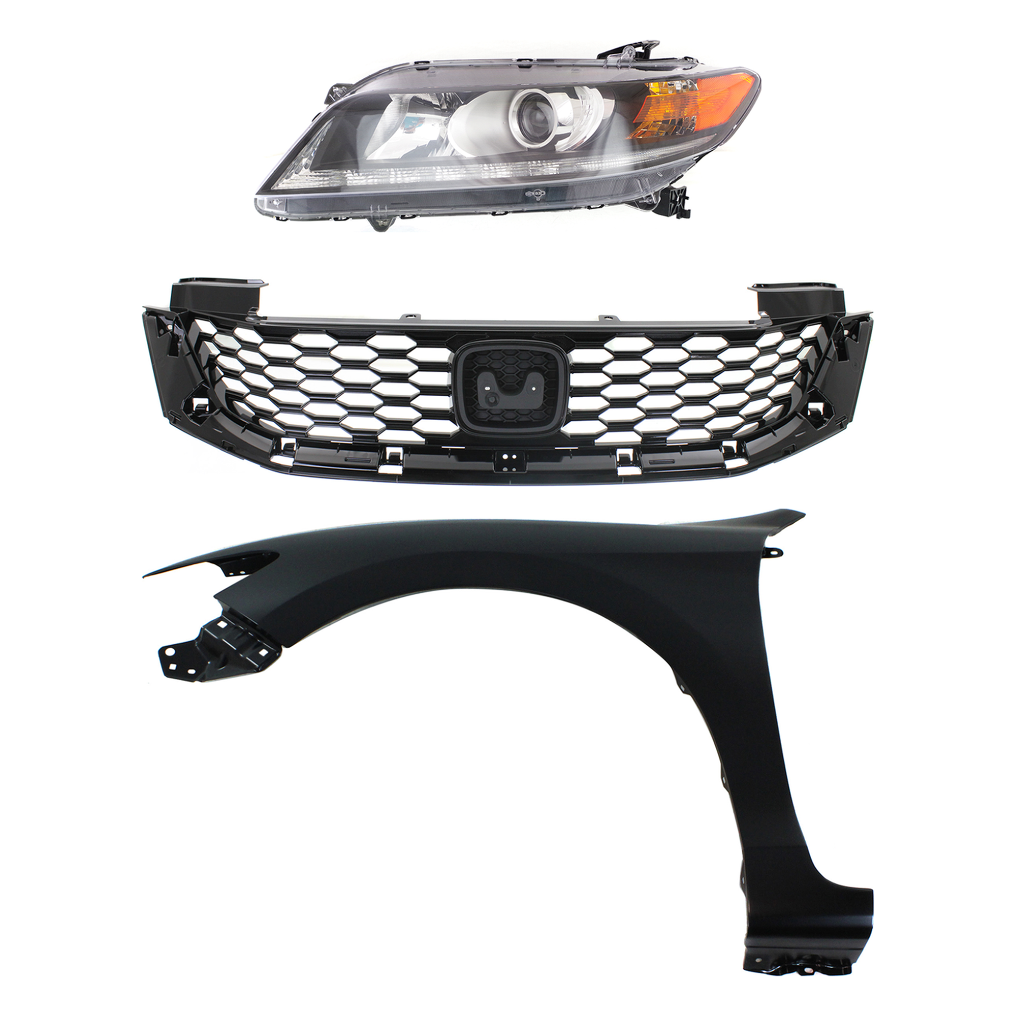 AM ACCORD 13-15 FRONT FENDER LH Primed 3 pc Kit with Grille and Headlight SKU KIT 030323-21802 Partslink HO1240186 HO1200217 HO2502153 OEM 60261T3LA90ZZ 71121T3LA01-3315