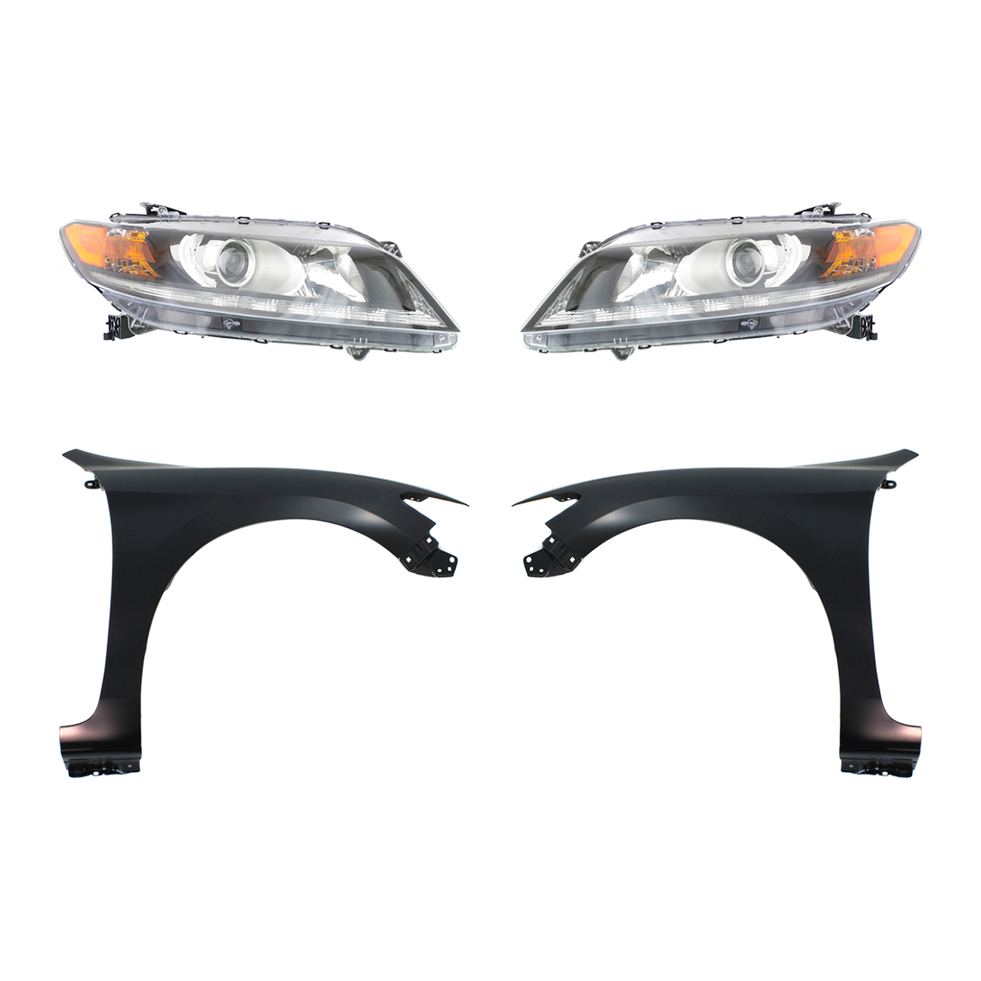 AM ACCORD 13-15 FRONT FENDER RH AND LH Primed 4 pc Kit with Headlights SKU KIT 030323-21803 Partslink HO1240186 HO1241186 HO2502153 HO2503153 OEM 60211T3LA90ZZ 60261T3LA90ZZ 33