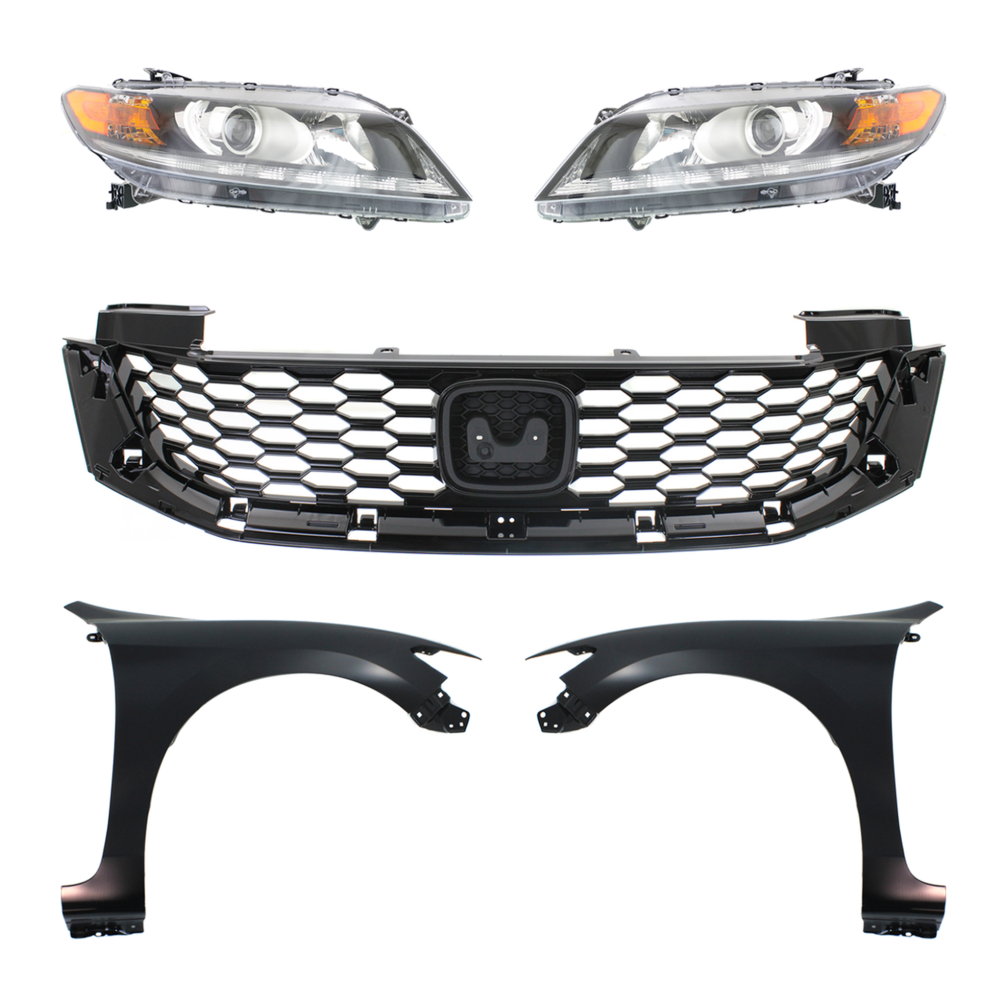 AM ACCORD 13-15 FRONT FENDER RH AND LH Primed 5 pc Kit with Grille and Headlights SKU KIT 030323-218 Partslink HO1240186 HO1241186 HO1200217 HO2502153 HO2503153 OEM 60211T3LA90ZZ 60261T3LA90ZZ 71