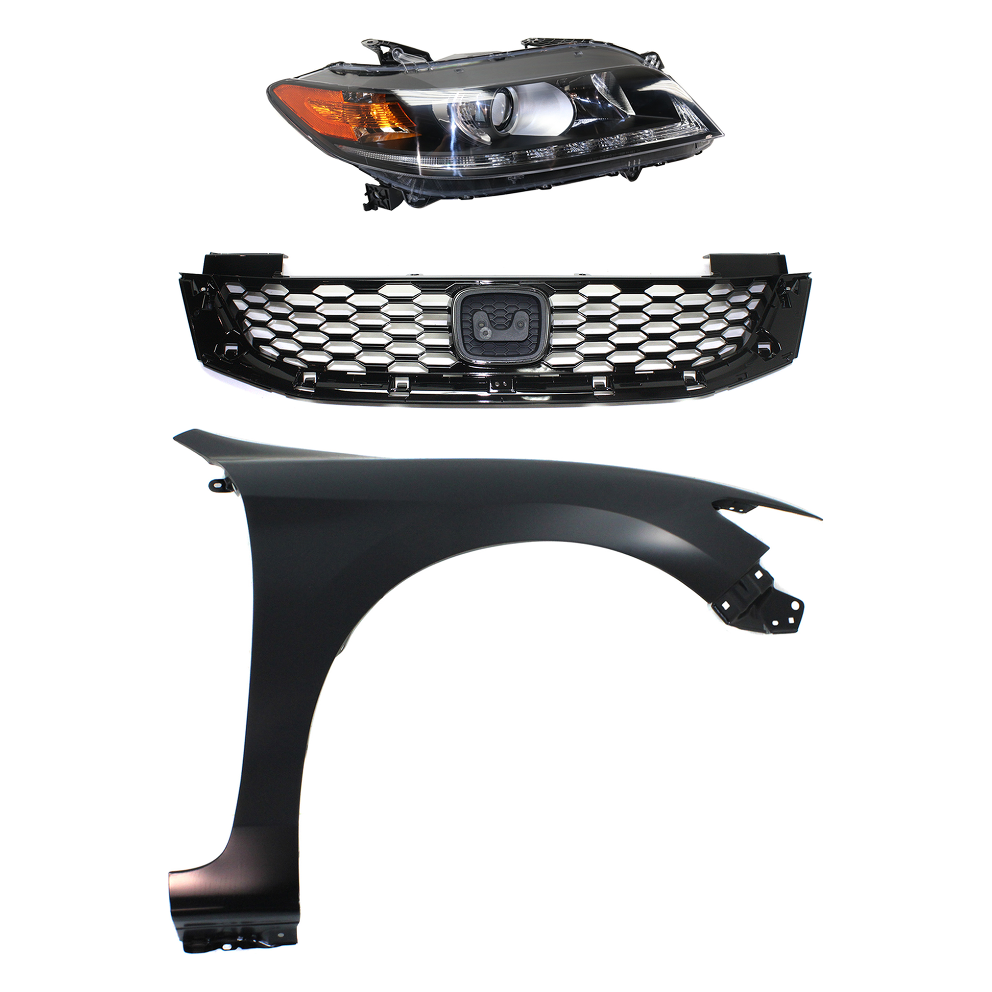 AM ACCORD 13-15 HEAD LAMP RH Assembly Halogen 3 pc Kit with Fender and Grille Assembly CAPA SKU KIT 030323-21901 Partslink HO1200217C HO1241186C HO2503153C OEM 33100T3LA01-60211T3LA90ZZ 7112