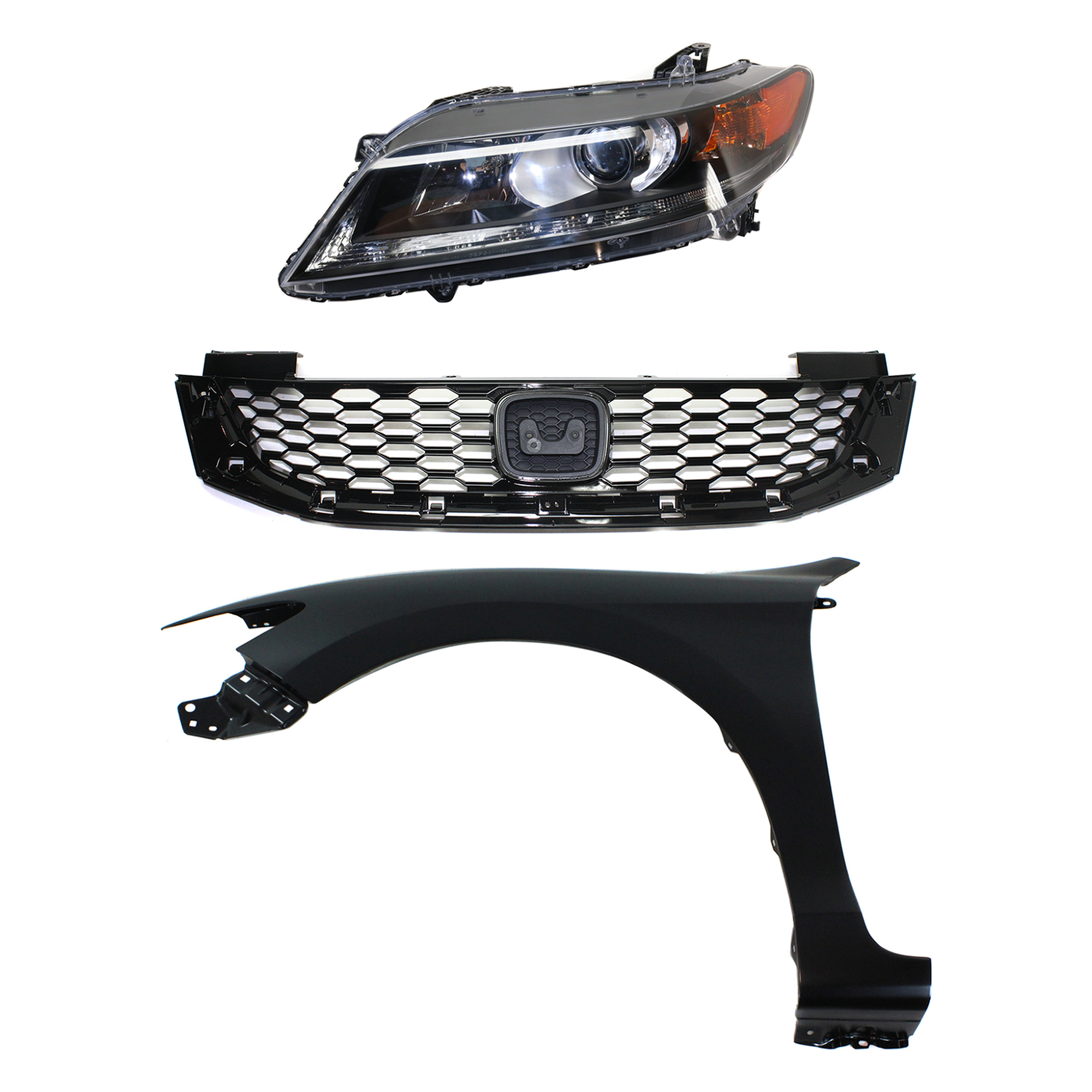 AM ACCORD 13-15 HEAD LAMP LH Assembly Halogen 3 pc Kit with Fender and Grille Assembly SKU KIT 030323-21902 Partslink HO1200217C HO1240186C HO2502153C OEM 33150T3LA01-60261T3LA90ZZ 7112