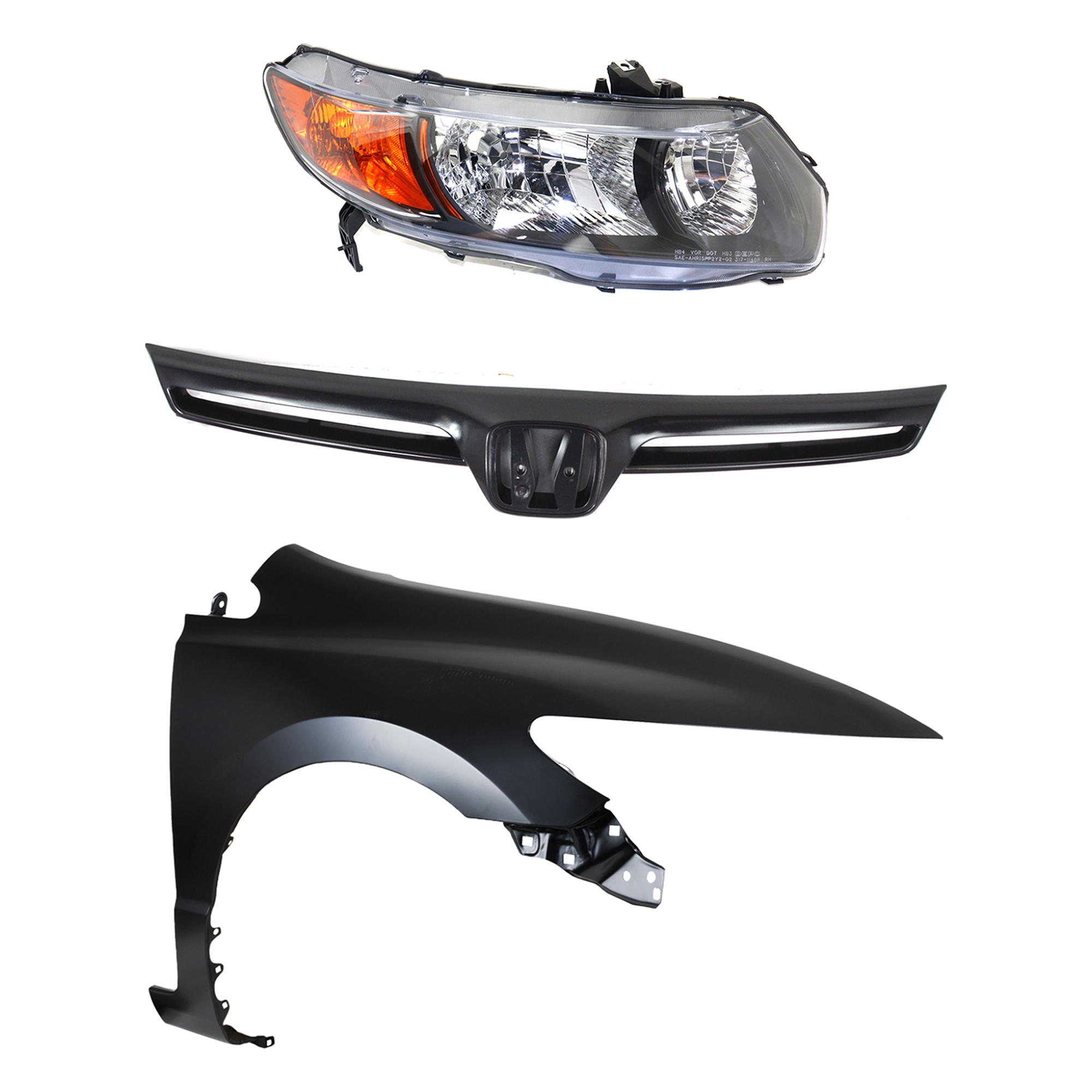 AM CIVIC 06-08 HEAD LAMP RH Lens and Housing Halogen 3 pc Kit with Fender and Grille Assembly SKU KIT 030323-23201 Partslink HO2519111 HO1241169 HO1200174 OEM 33101SVAA02-60211SVAA90ZZ 7510