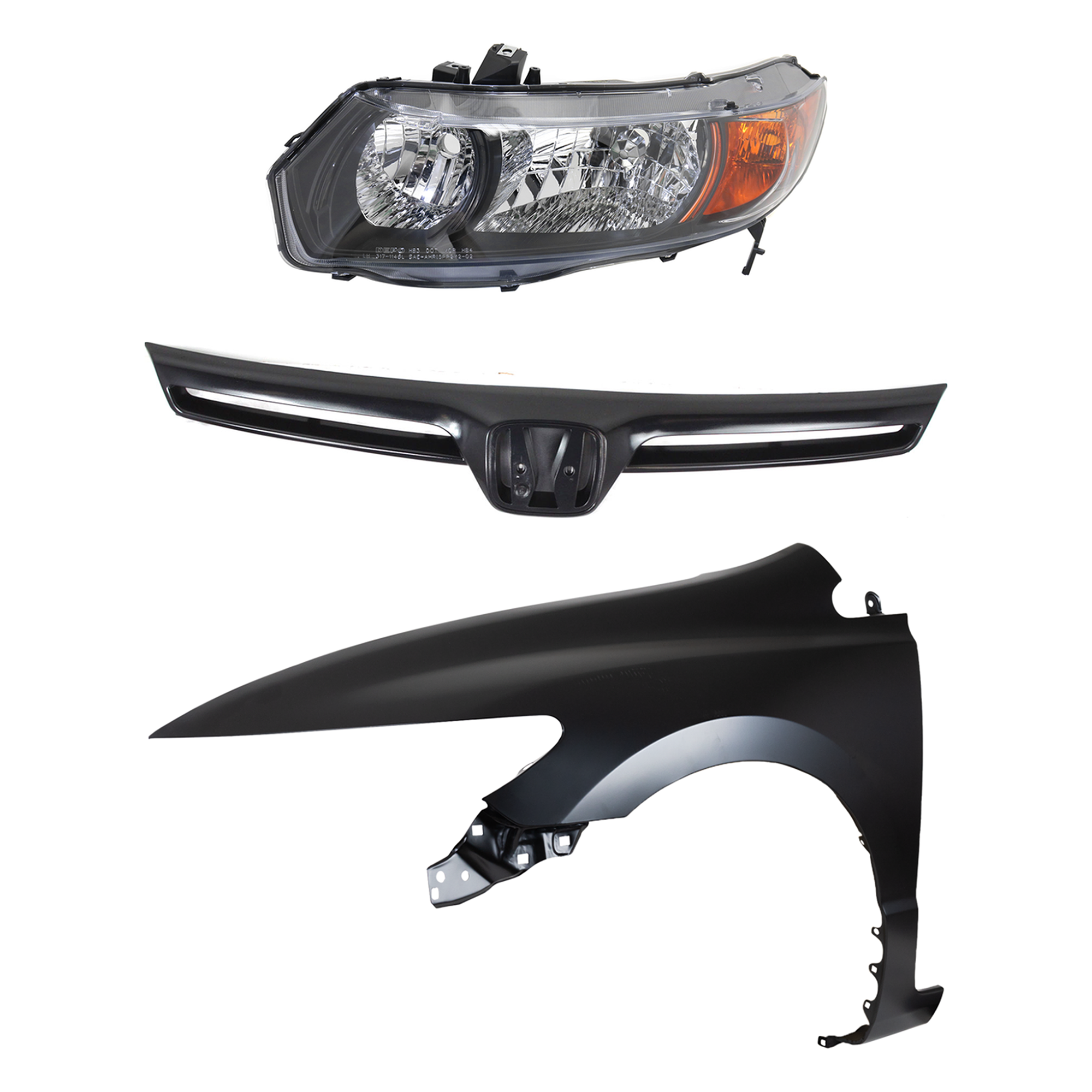 AM CIVIC 06-08 HEAD LAMP LH Lens and Housing Halogen 3 pc Kit with Fender and Grille Assembly SKU KIT 030323-23202 Partslink HO2518111 HO1240169 HO1200174 OEM 33151SVAA01-60261SVAA90ZZ 7510