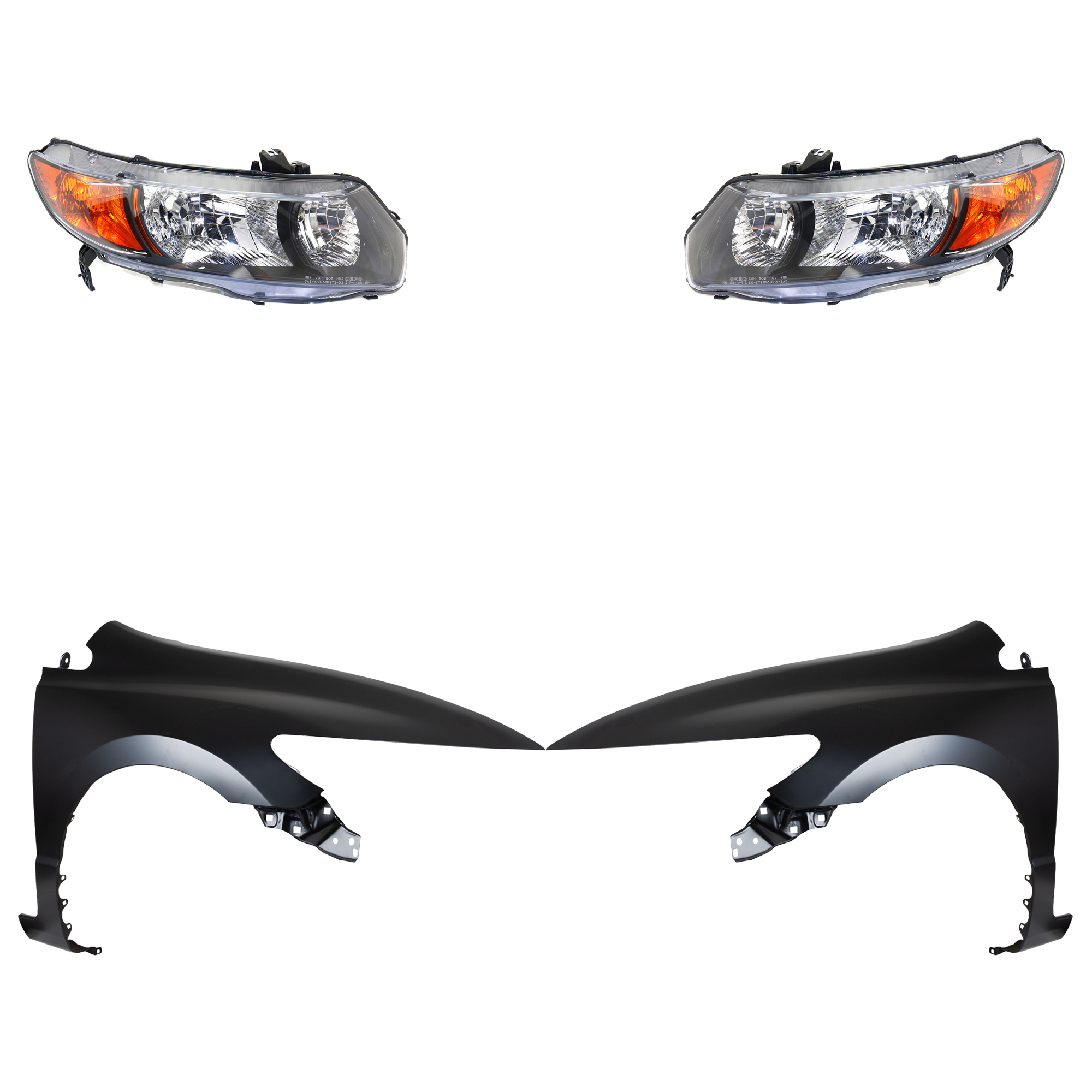 AM CIVIC 06-08 HEAD LAMP RH AND LH Lens and Housing Halogen 4 pc Kit with Fenders SKU KIT 030323-23203 Partslink HO2519111 HO2518111 HO1240169 HO1241169 OEM 33101SVAA02-33151SVAA01-60261S
