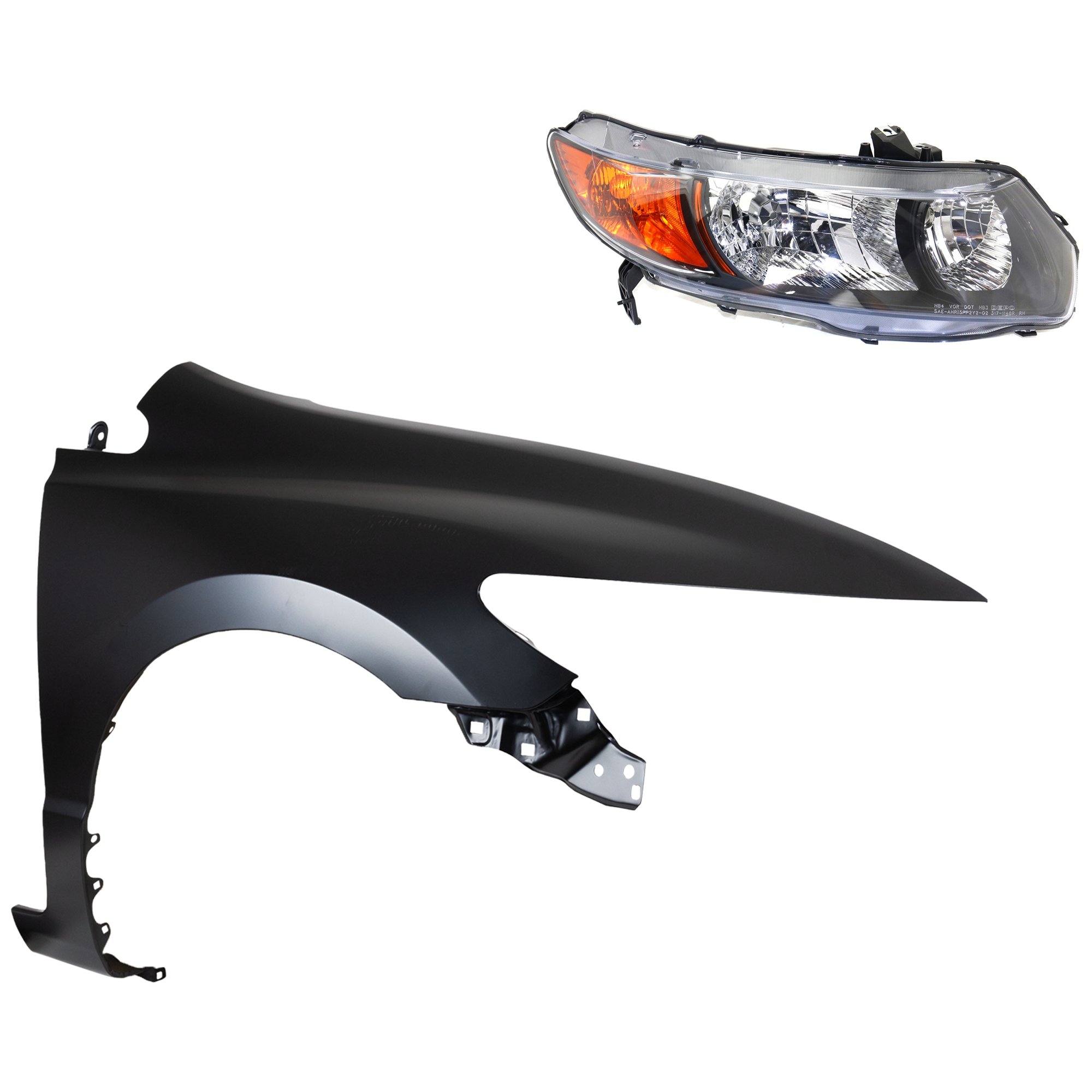 AM CIVIC 06-08 HEAD LAMP RH Lens and Housing Halogen 2 pc Kit with Fender SKU KIT 030323-23204 Partslink HO2519111 HO1241169 OEM 33101SVAA02-60211SVAA90ZZ