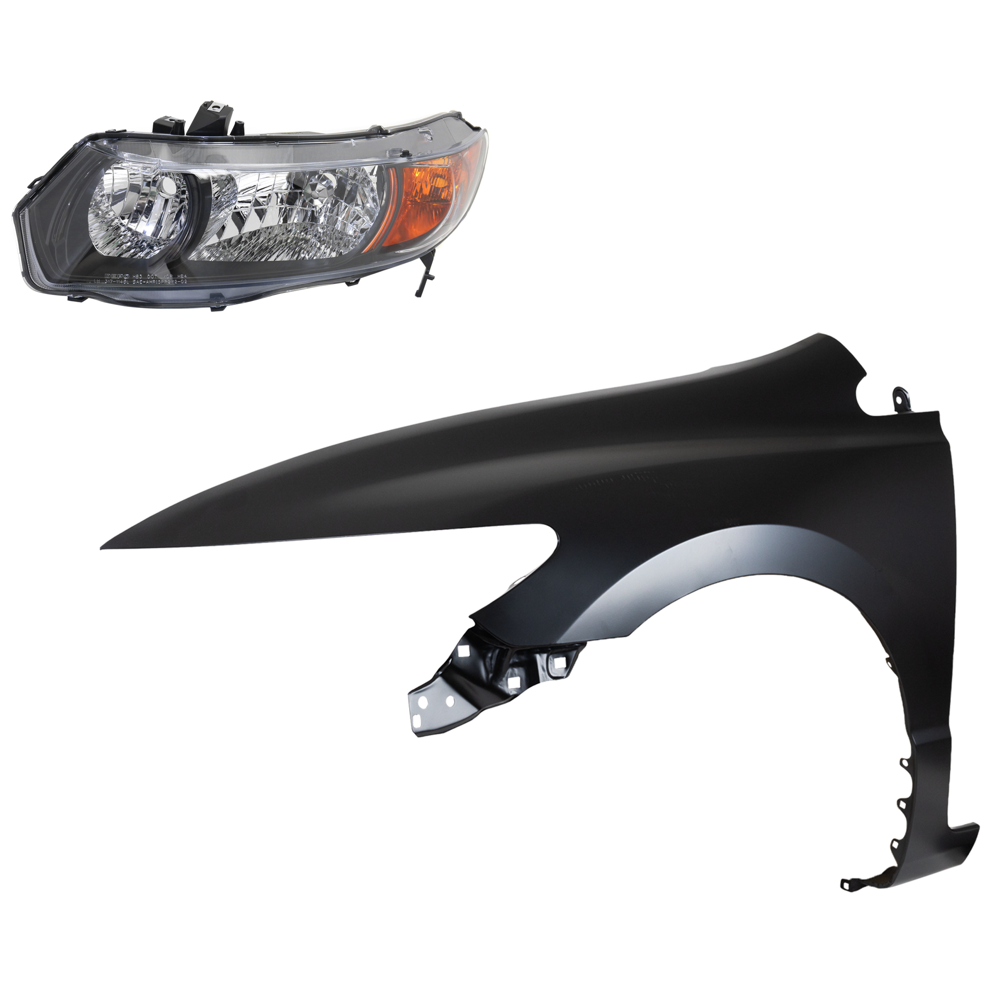 AM CIVIC 06-08 HEAD LAMP LH Lens and Housing Halogen 2 pc Kit with Fender SKU KIT 030323-23205 Partslink HO2518111 HO1240169 OEM 33151SVAA01-60261SVAA90ZZ