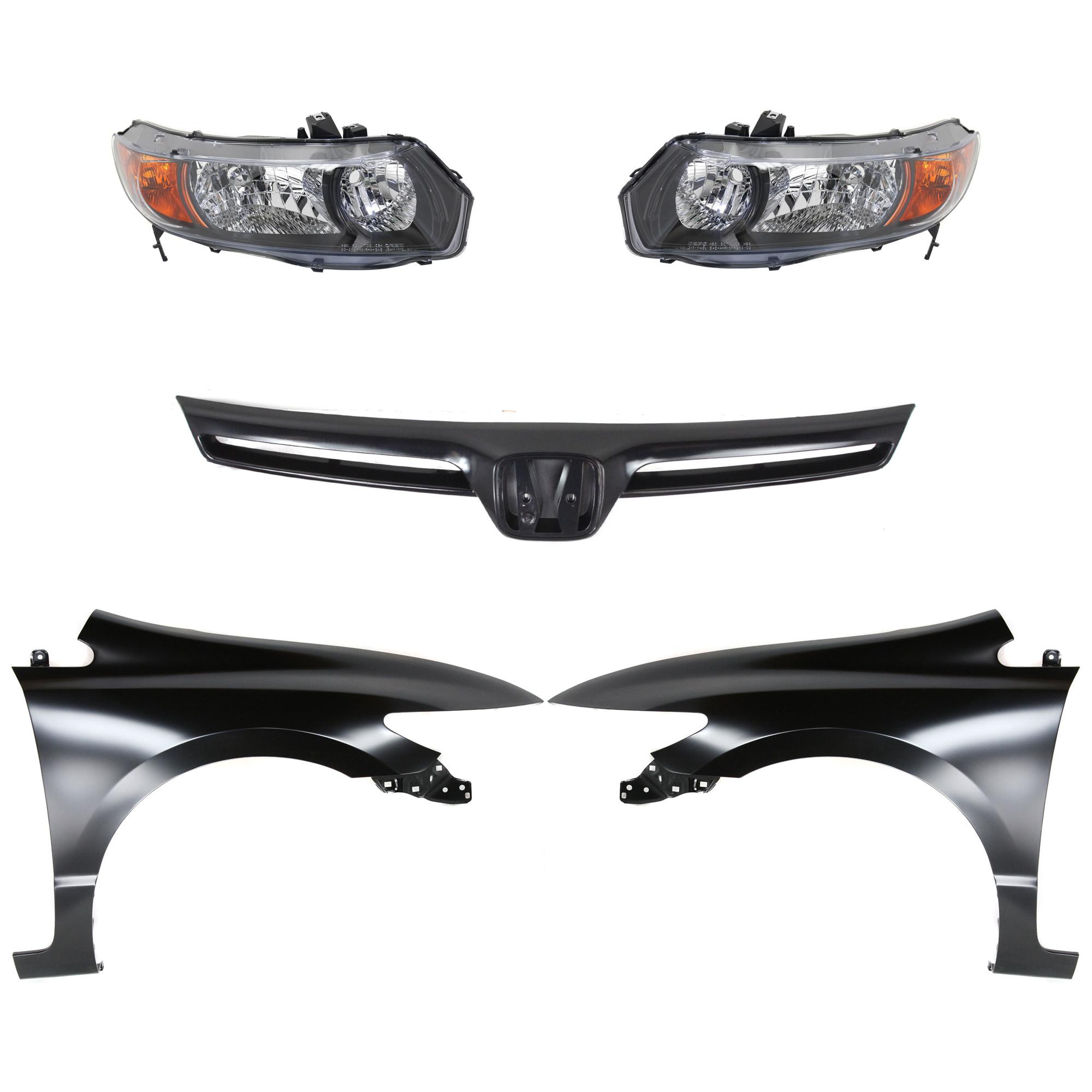 AM CIVIC 06-08 HEAD LAMP RH AND LH Lens and Housing Halogen 5 pc Kit with Fenders and Grille Assembly SKU KIT 030323-232 Partslink HO2519111 HO2518111 HO1240169 HO1241169 HO1200174 OEM 33101SVAA02-33151SVAA01-60261S