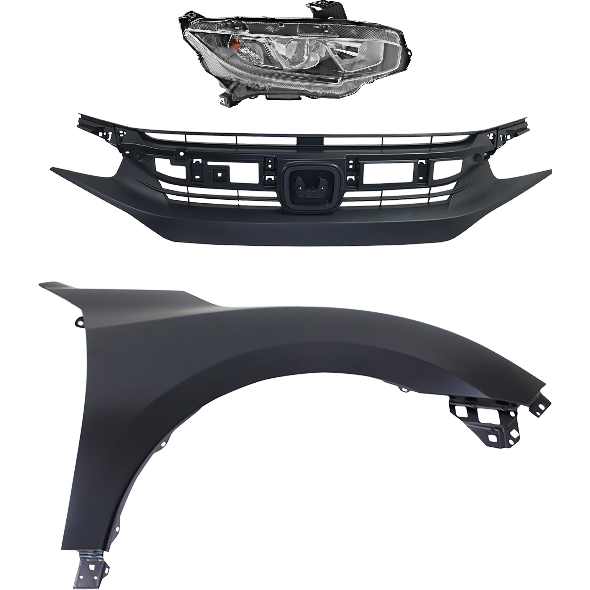 AM CIVIC 16-18 HEAD LAMP RH Assembly Halogen 3 pc Kit with Fender and Grille SKU KIT 030323-23301 Partslink HO2503173 HO1241192 HO1200231 OEM 33100TBAA01-60211TBAA00ZZ 7112
