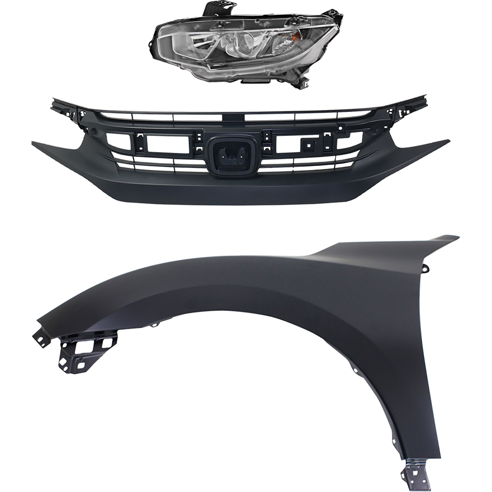 AM CIVIC 16-18 HEAD LAMP LH Assembly Halogen 3 pc Kit with Fender and Grille SKU KIT 030323-23302 Partslink HO2502173 HO1240192 HO1200231 OEM 33150TBAA01-60261TBAA00ZZ 7112