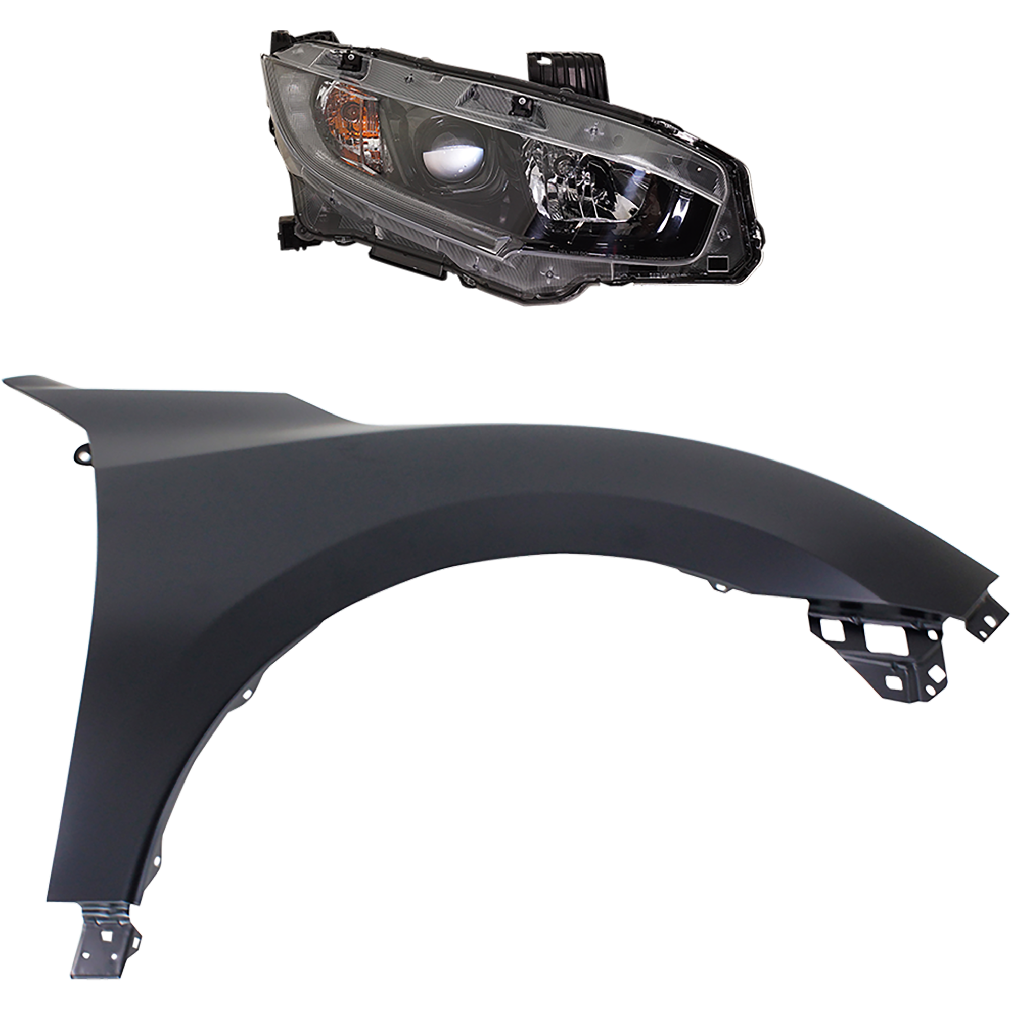 AM CIVIC 16-18 HEAD LAMP RH Assembly Halogen 2 pc Kit with Fender SKU KIT 030323-23304 Partslink HO2503173 HO1241192 OEM 33100TBAA01-60211TBAA00ZZ