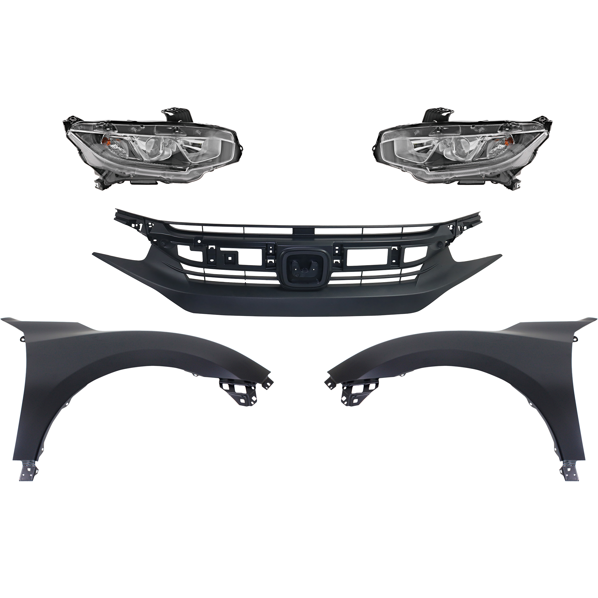 AM CIVIC 16-18 HEAD LAMP RH AND LH Assembly Halogen 5 pc Kit with Fenders and Grille SKU KIT 030323-233 Partslink HO2502173 HO2503173 HO1240192 HO1241192 HO1200231 OEM 33100TBAA01-33150TBAA01-60261T